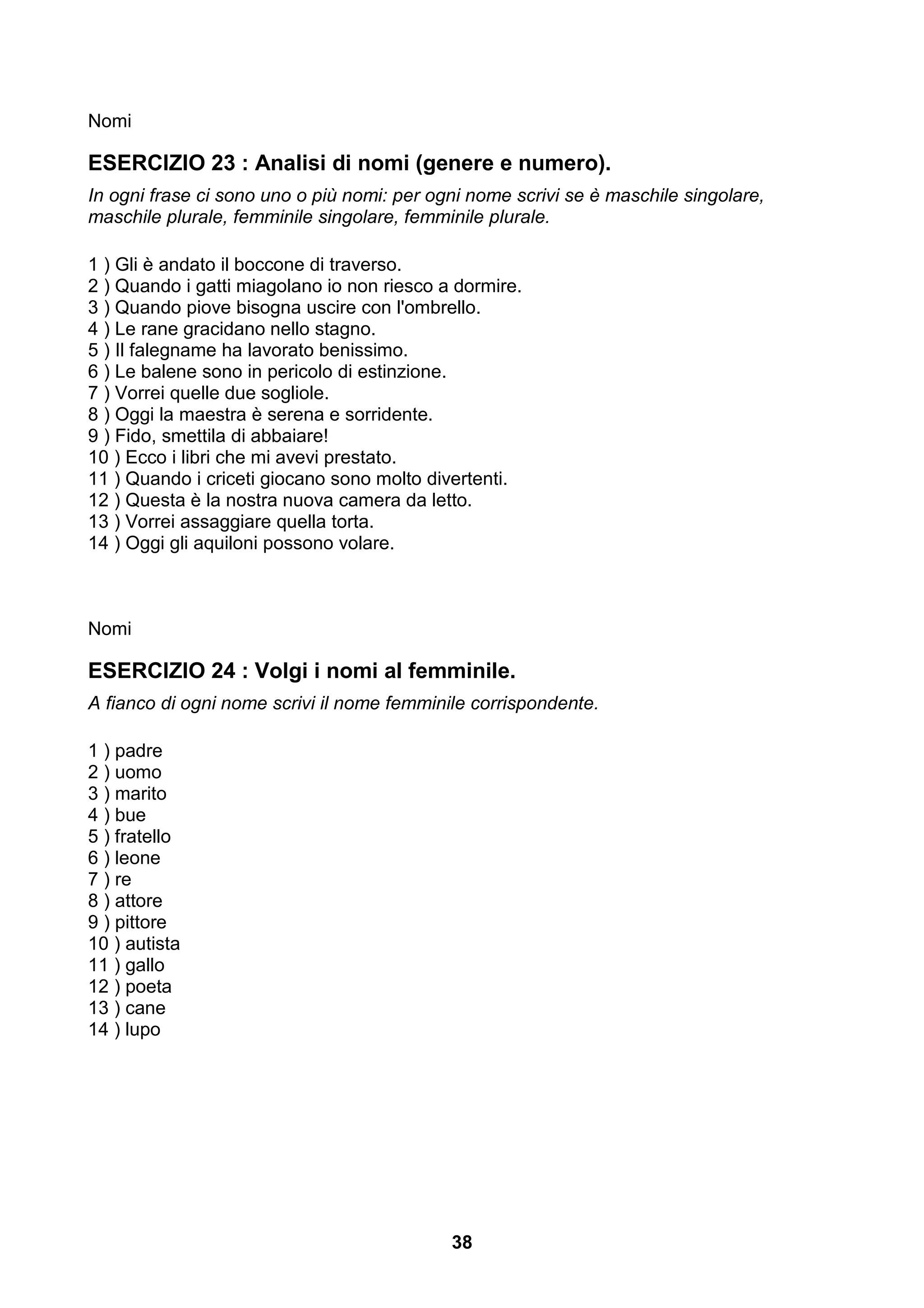 Nomi

ESERCIZIO 23 : Analisi di nomi (genere e numero).
In ogni frase ci sono uno o più nomi: per ogni nome scrivi se è maschile singolare,
maschile plurale, femminile singolare, femminile plurale.

1 ) Gli è andato il boccone di traverso.
2 ) Quando i gatti miagolano io non riesco a dormire.
3 ) Quando piove bisogna uscire con l'ombrello.
4 ) Le rane gracidano nello stagno.
5 ) Il falegname ha lavorato benissimo.
6 ) Le balene sono in pericolo di estinzione.
7 ) Vorrei quelle due sogliole.
8 ) Oggi la maestra è serena e sorridente.
9 ) Fido, smettila di abbaiare!
10 ) Ecco i libri che mi avevi prestato.
11 ) Quando i criceti giocano sono molto divertenti.
12 ) Questa è la nostra nuova camera da letto.
13 ) Vorrei assaggiare quella torta.
14 ) Oggi gli aquiloni possono volare.



Nomi

ESERCIZIO 24 : Volgi i nomi al femminile.
A fianco di ogni nome scrivi il nome femminile corrispondente.

1 ) padre
2 ) uomo
3 ) marito
4 ) bue
5 ) fratello
6 ) leone
7 ) re
8 ) attore
9 ) pittore
10 ) autista
11 ) gallo
12 ) poeta
13 ) cane
14 ) lupo




                                            38
 