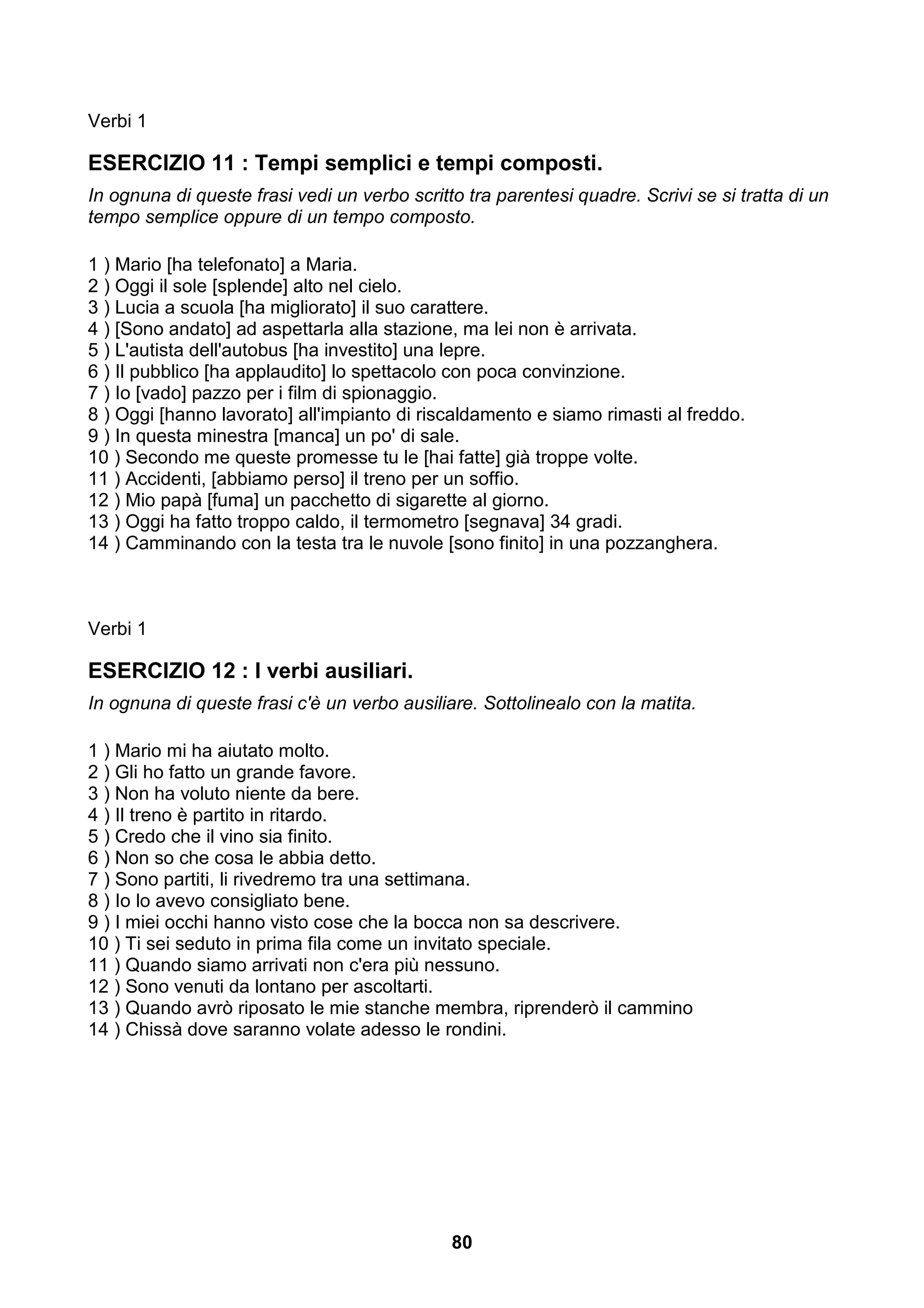 Verbi 1

ESERCIZIO 11 : Tempi semplici e tempi composti.
In ognuna di queste frasi vedi un verbo scritto tra parentesi quadre. Scrivi se si tratta di un
tempo semplice oppure di un tempo composto.

1 ) Mario [ha telefonato] a Maria.
2 ) Oggi il sole [splende] alto nel cielo.
3 ) Lucia a scuola [ha migliorato] il suo carattere.
4 ) [Sono andato] ad aspettarla alla stazione, ma lei non è arrivata.
5 ) L'autista dell'autobus [ha investito] una lepre.
6 ) Il pubblico [ha applaudito] lo spettacolo con poca convinzione.
7 ) Io [vado] pazzo per i film di spionaggio.
8 ) Oggi [hanno lavorato] all'impianto di riscaldamento e siamo rimasti al freddo.
9 ) In questa minestra [manca] un po' di sale.
10 ) Secondo me queste promesse tu le [hai fatte] già troppe volte.
11 ) Accidenti, [abbiamo perso] il treno per un soffio.
12 ) Mio papà [fuma] un pacchetto di sigarette al giorno.
13 ) Oggi ha fatto troppo caldo, il termometro [segnava] 34 gradi.
14 ) Camminando con la testa tra le nuvole [sono finito] in una pozzanghera.



Verbi 1

ESERCIZIO 12 : I verbi ausiliari.
In ognuna di queste frasi c'è un verbo ausiliare. Sottolinealo con la matita.

1 ) Mario mi ha aiutato molto.
2 ) Gli ho fatto un grande favore.
3 ) Non ha voluto niente da bere.
4 ) Il treno è partito in ritardo.
5 ) Credo che il vino sia finito.
6 ) Non so che cosa le abbia detto.
7 ) Sono partiti, li rivedremo tra una settimana.
8 ) Io lo avevo consigliato bene.
9 ) I miei occhi hanno visto cose che la bocca non sa descrivere.
10 ) Ti sei seduto in prima fila come un invitato speciale.
11 ) Quando siamo arrivati non c'era più nessuno.
12 ) Sono venuti da lontano per ascoltarti.
13 ) Quando avrò riposato le mie stanche membra, riprenderò il cammino
14 ) Chissà dove saranno volate adesso le rondini.




                                              80
 