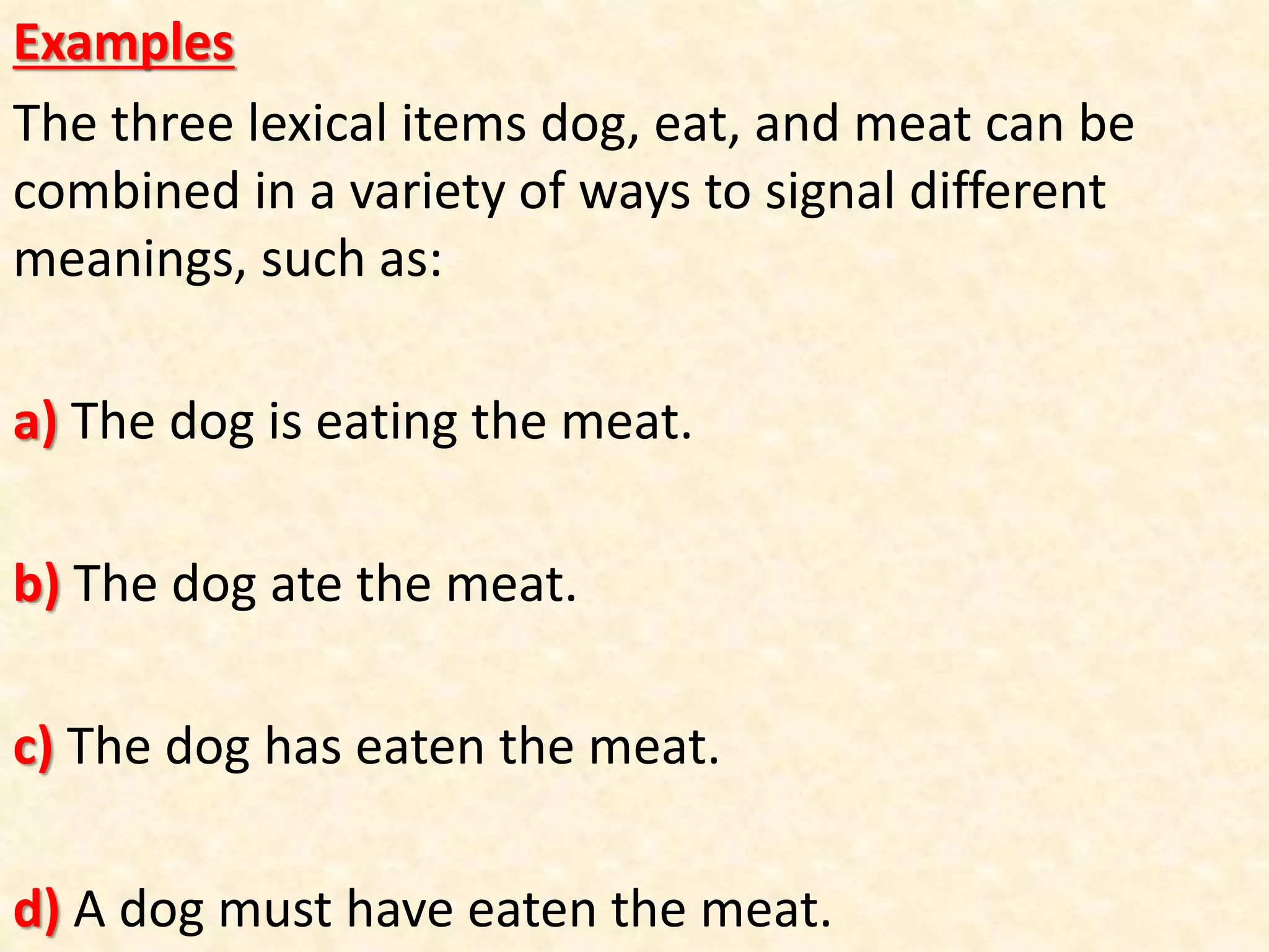 Examples
The three lexical items dog, eat, and meat can be
combined in a variety of ways to signal different
meanings, such as:
a) The dog is eating the meat.
b) The dog ate the meat.
c) The dog has eaten the meat.
d) A dog must have eaten the meat.
 