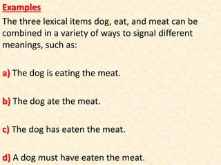Examples
The three lexical items dog, eat, and meat can be
combined in a variety of ways to signal different
meanings, such as:
a) The dog is eating the meat.
b) The dog ate the meat.
c) The dog has eaten the meat.
d) A dog must have eaten the meat.
 