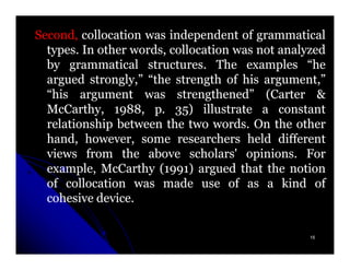 Second, collocation was independent of grammatical
  types.
  types. In other words, collocation was not analyzed
  by grammatical structures. The examples “he
                     structures.
  argued strongly,” “the strength of his argument,”
  “his argument was strengthened” (Carter &
  McCarthy, 1988, p. 35) illustrate a constant
               1988,      35)
  relationship between the two words. On the other
                                 words.
  hand, however, some researchers held different
  views from the above scholars' opinions. For
                                       opinions.
  example, McCarthy (1991) argued that the notion
                        1991)
  of collocation was made use of as a kind of
  cohesive device.
            device.

                                                  15
 