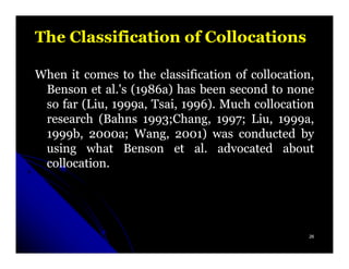 The Classification of Collocations

When it comes to the classification of collocation,
 Benson et al.'s (1986a) has been second to none
            al. 1986a)
 so far (Liu, 1999a, Tsai, 1996). Much collocation
              1999a,       1996)
 research (Bahns 1993;Chang, 1997; Liu, 1999a,
                   1993;         1997;      1999a,
 1999b, 2000a
 1999b, 2000a; Wang, 2001) was conducted by
                         2001)
 using what Benson et al. advocated about
                             al.
 collocation.
 collocation.




                                                  26
 