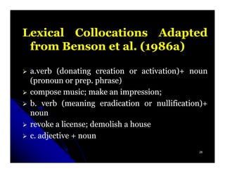 Lexical Collocations Adapted
 from Benson et al. (1986a)
                al. 1986a)

 a.verb (donating creation or activation)+ noun
 (pronoun or prep. phrase)
               prep.
 compose music; make an impression;
            music;         impression;
 b. verb (meaning eradication or nullification)+
 noun
 revoke a license; demolish a house
           license;
 c. adjective + noun
                                             28
 
