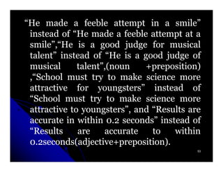 “He made a feeble attempt in a smile”
 instead of “He made a feeble attempt at a
 smile”,“He is a good judge for musical
 talent” instead of “He is a good judge of
 musical      talent”,(noun   +preposition)
 ,“School must try to make science more
 attractive for youngsters” instead of
 “School must try to make science more
 attractive to youngsters”, and “Results are
 accurate in within 0.2 seconds” instead of
 “Results     are    accurate   to   within
 0.2seconds(adjective+preposition).
     seconds(adjective+preposition)
                                           53
 
