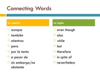 Connecting Words aunque tambi é n mientras pero por lo tanto a pesar de sin embargo/no obstante even though also while but therefore in spite of nevertheless en espa ñol en inglés 