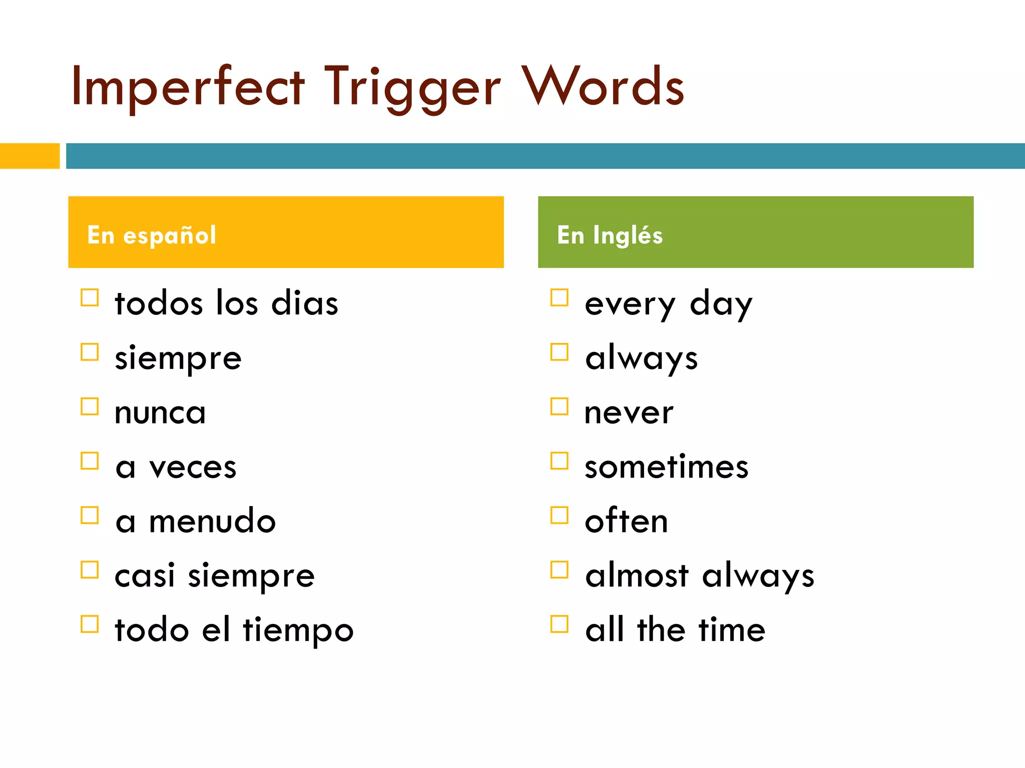 Imperfect Trigger Words todos los dias siempre nunca a veces a menudo casi siempre todo el tiempo every day always never sometimes often almost always all the time En  español En  Inglés 