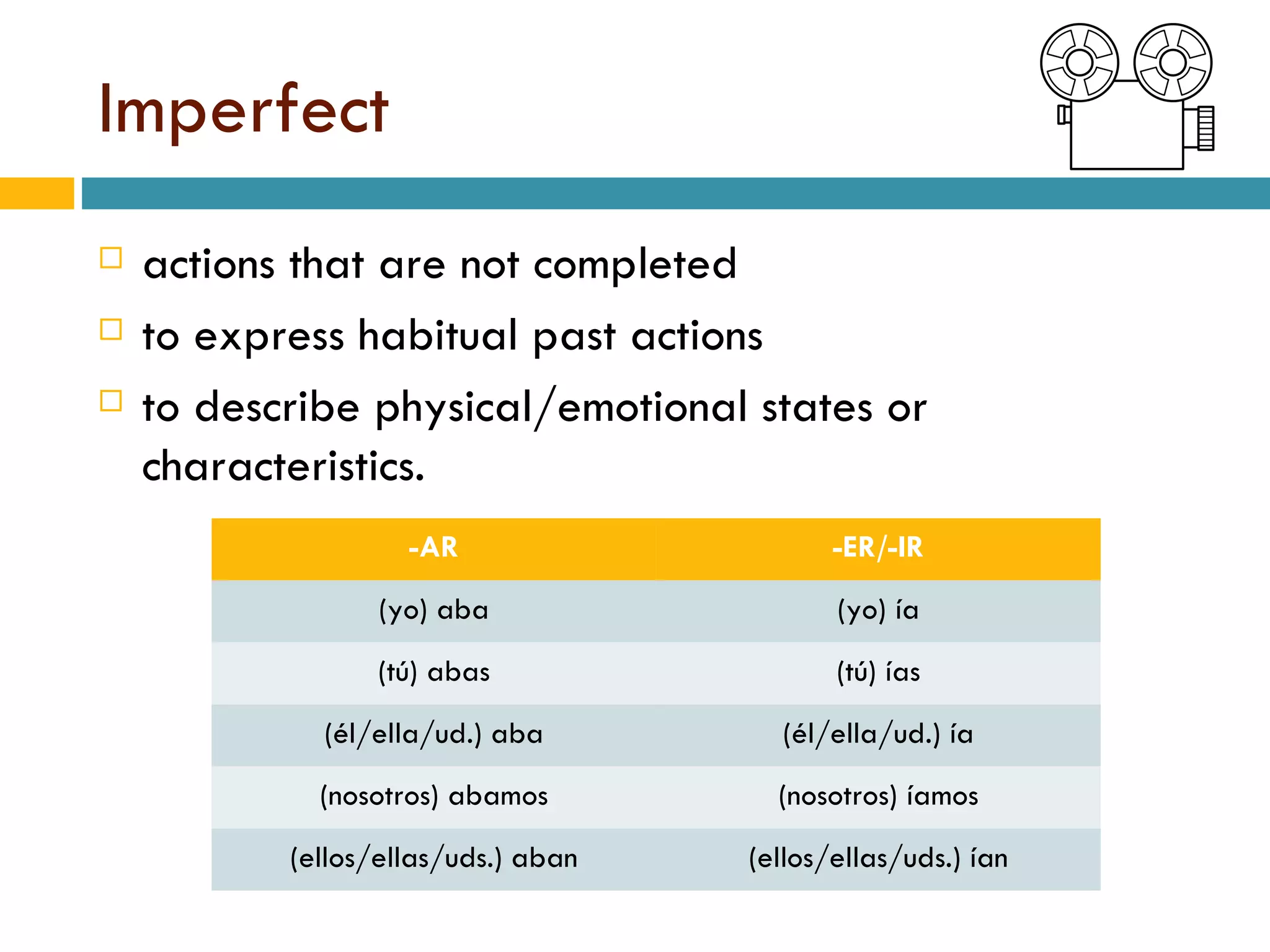 Imperfect actions that are not completed to express habitual past actions to describe physical/emotional states or characteristics. -AR -ER/-IR (yo) aba (yo) ía (t ú ) abas (t ú ) ías (él/ella/ud.) aba (él/ella/ud.) ía (nosotros) abamos (nosotros) íamos (ellos/ellas/uds.) aban (ellos/ellas/uds.) ían 