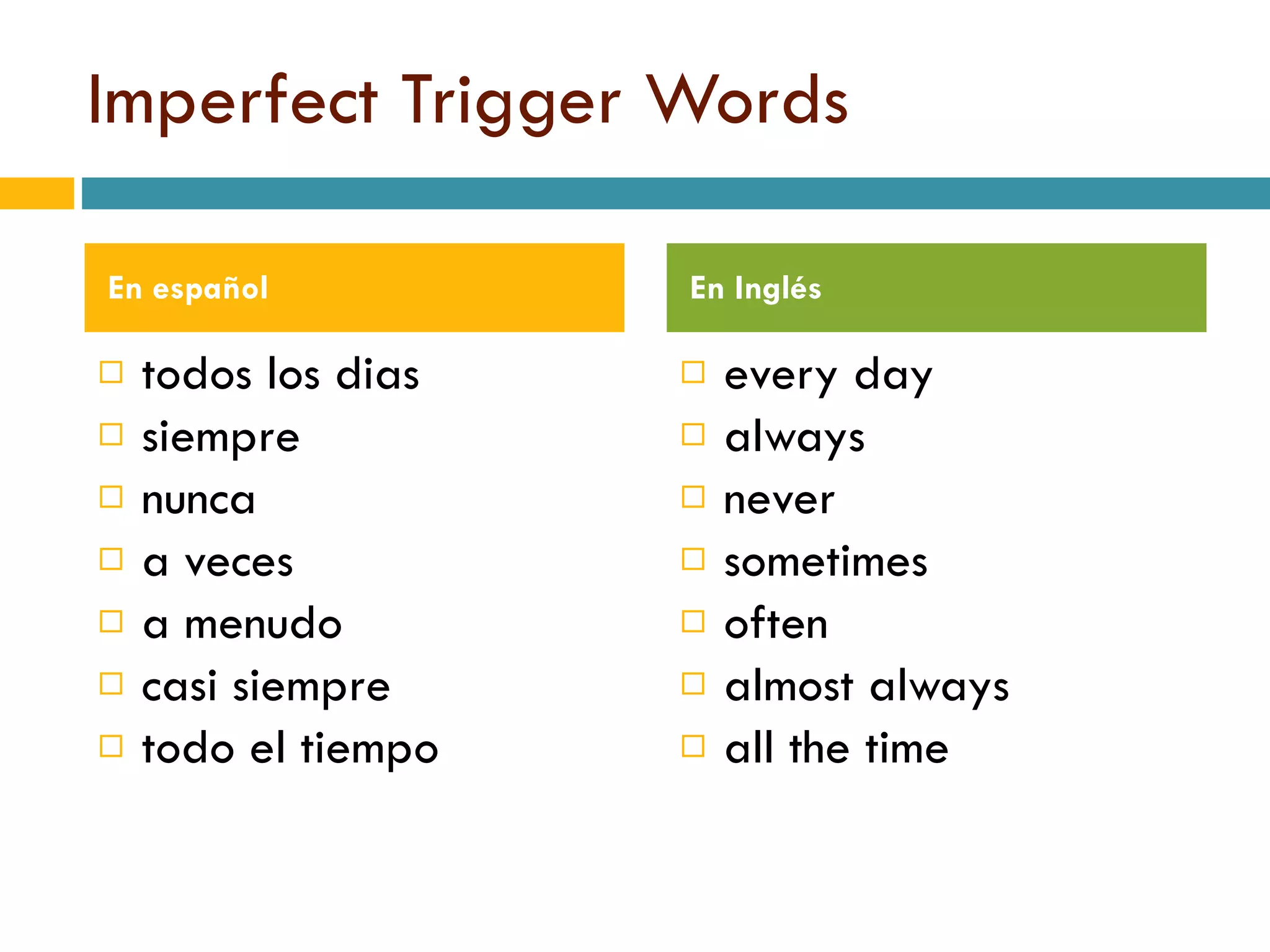 Imperfect Trigger Words todos los dias siempre nunca a veces a menudo casi siempre todo el tiempo every day always never sometimes often almost always all the time En  español En  Inglés 