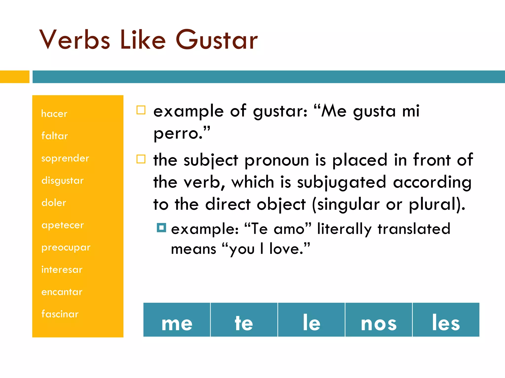 Verbs Like Gustar hacer faltar soprender disgustar doler apetecer preocupar interesar encantar fascinar example of gustar: “Me gusta mi perro.” the subject pronoun is placed in front of the verb, which is subjugated according to the direct object (singular or plural). example: “Te amo” literally translated means “you I love.” me te le nos les 