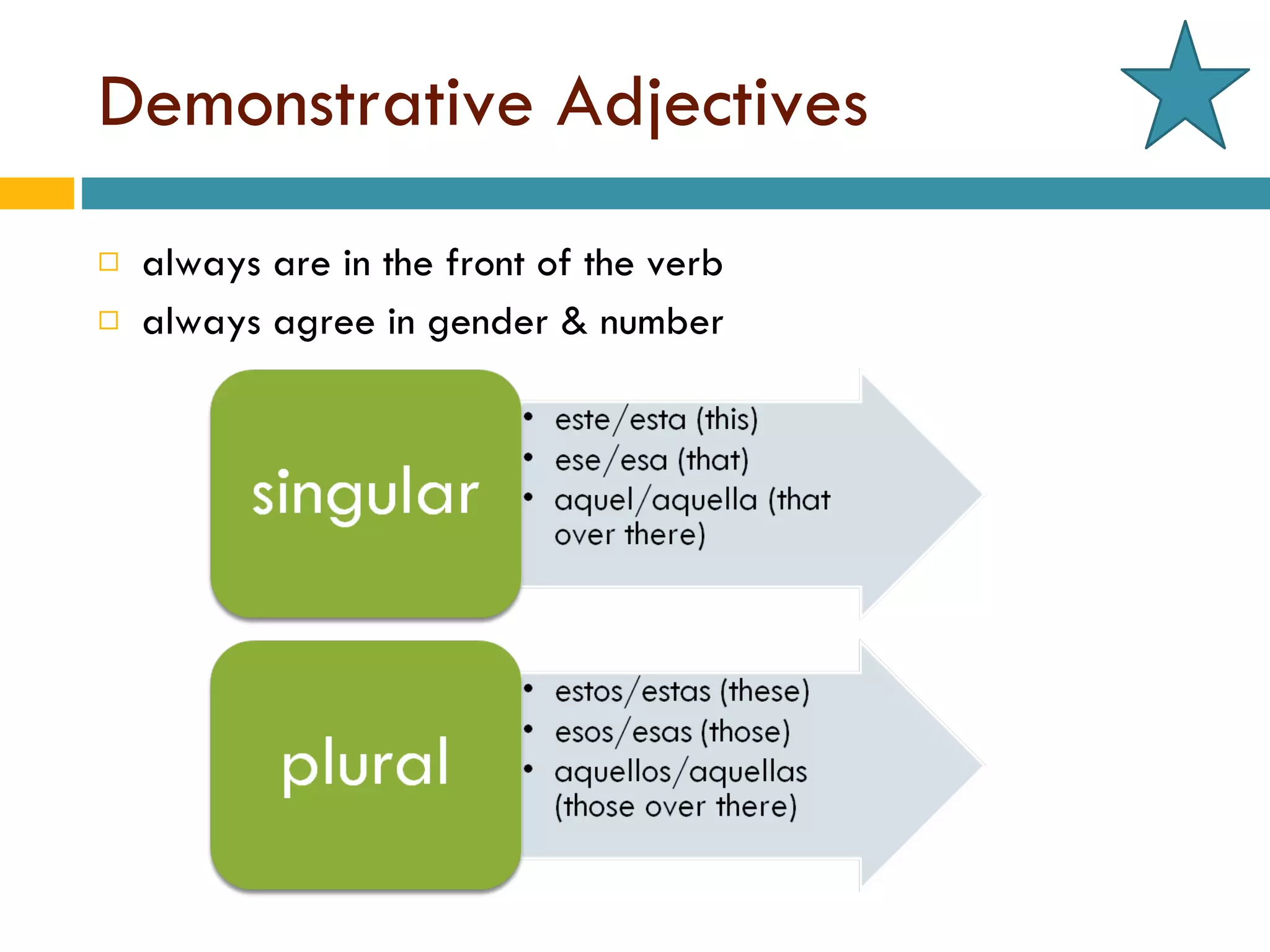 Demonstrative Adjectives always are in the front of the verb  always agree in gender & number 