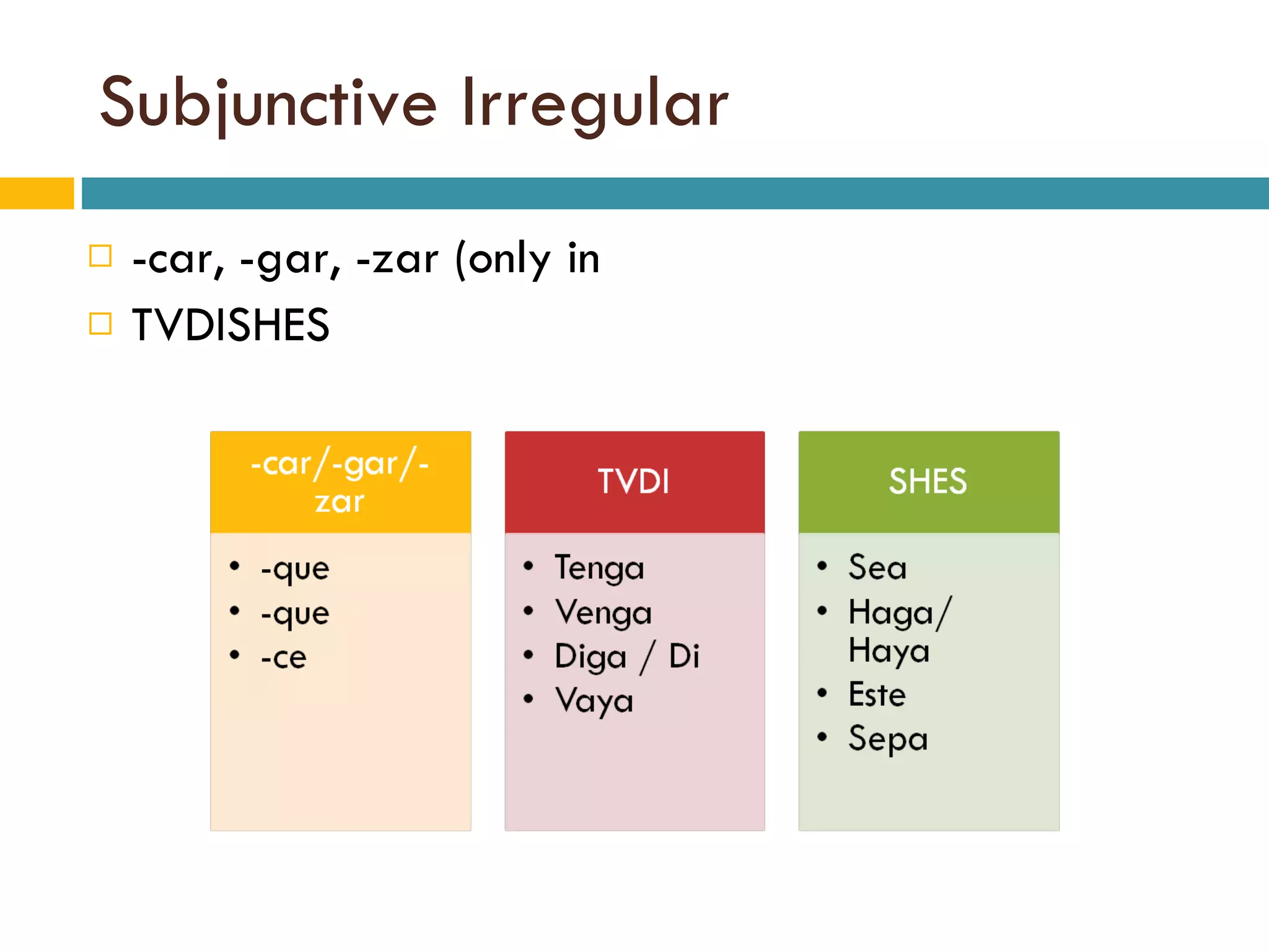 Subjunctive Irregular -car, -gar, -zar (only in TVDISHES 