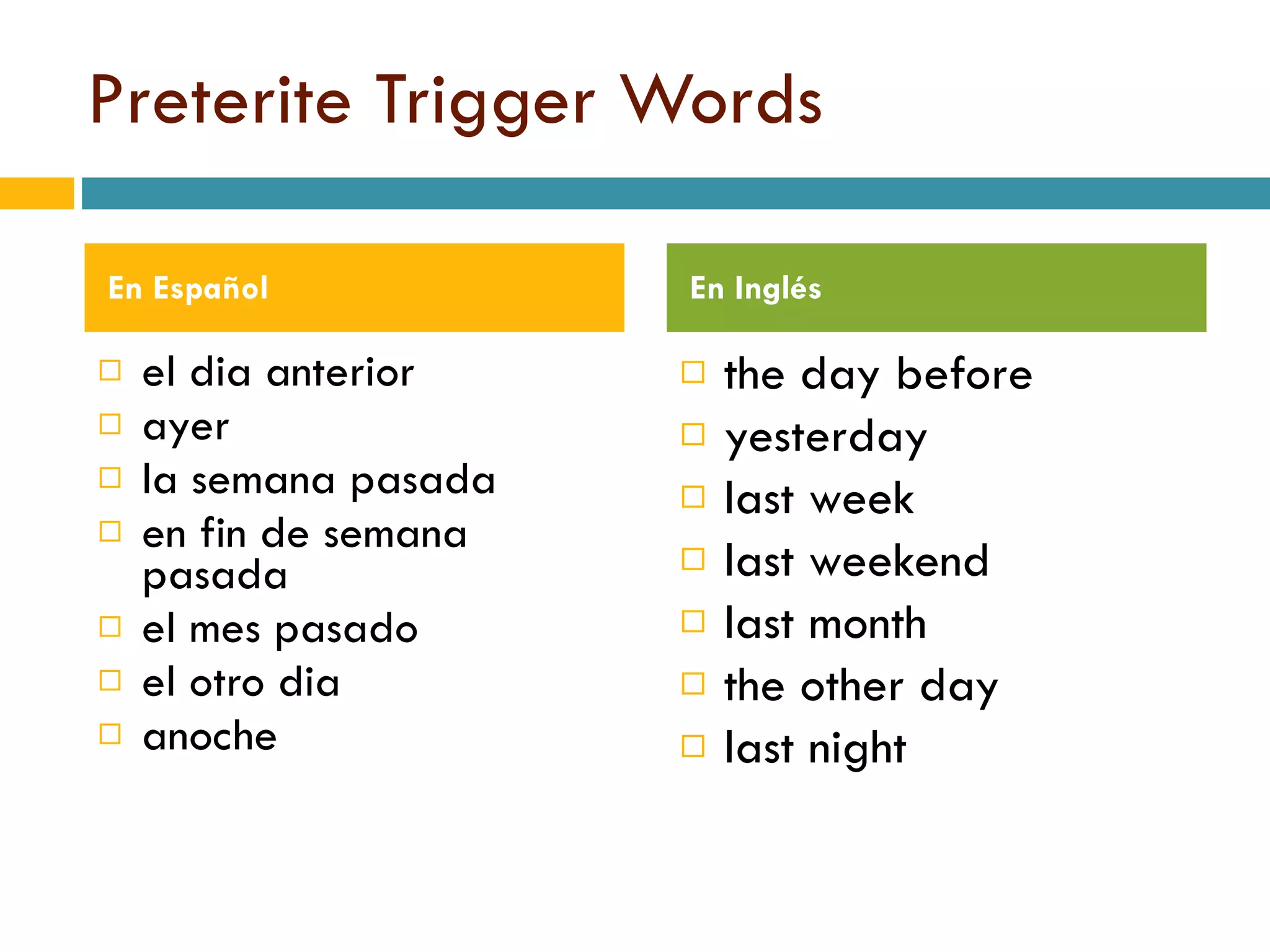 Preterite Trigger Words el dia anterior ayer la semana pasada en fin de semana pasada el mes pasado el otro dia anoche the day before yesterday last week last weekend last month the other day last night En Espa ñol En Inglés 