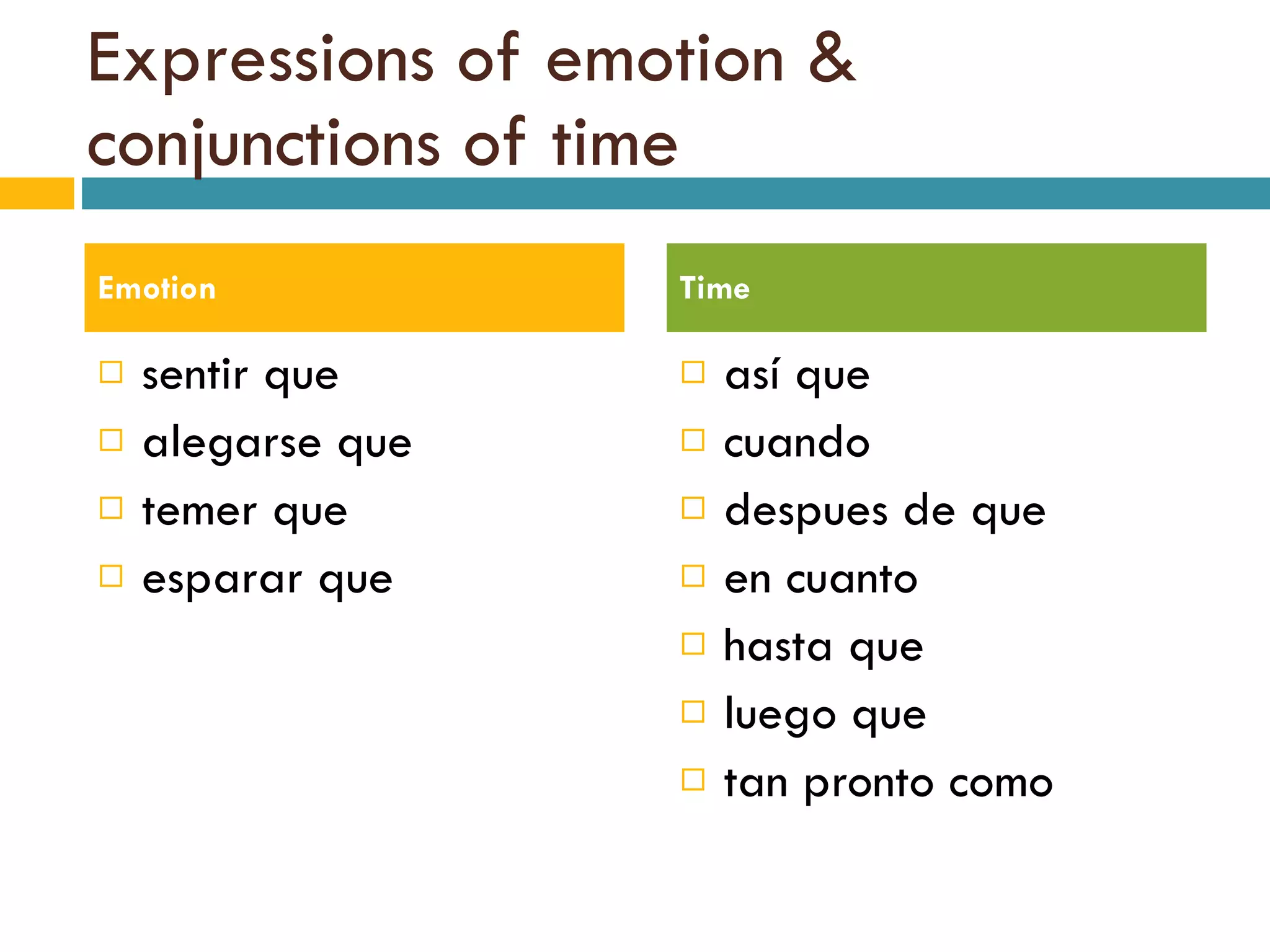 Expressions of emotion & conjunctions of time sentir que alegarse que temer que esparar que así que  cuando despues de que en cuanto  hasta que  luego que  tan pronto como  Emotion Time 