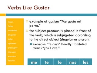 Verbs Like Gustar hacer faltar soprender disgustar doler apetecer preocupar interesar encantar fascinar example of gustar: “Me gusta mi perro.” the subject pronoun is placed in front of the verb, which is subjugated according to the direct object (singular or plural). example: “Te amo” literally translated means “you I love.” me te le nos les 