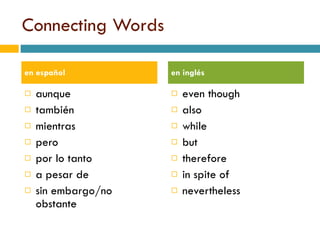 Connecting Words aunque tambi é n mientras pero por lo tanto a pesar de sin embargo/no obstante even though also while but therefore in spite of nevertheless en espa ñol en inglés 
