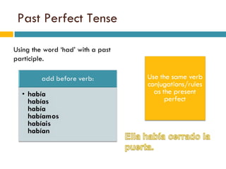 Past Perfect Tense Using the word ‘had’ with a past participle. 
