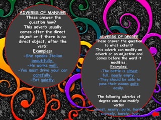 ADVERBS OF MANNER
    These answer the
      question how?
   This adverb usually
 comes after the direct
 object or if there is no      ADVERBS OF DEGREE
direct object, after the    These answer the question
          verb:                   to what extent?
        Examples:           This adverb can modify an
                            adverb or an adjective and
   -She speaks Italian
                             comes before the word it
       beautifully.                    modifies:
     -He works well.                  Examples:
-You must drive your car        -The bottle is almost
        carefully.               full, nearly empty.
      -Eat quietly.           -They should be able to
                               pass their exams quite
                                        easily.

                              The following adverbs of
                               degree can also modify
                                       verbs:
                            almost, nearly, quite, hardly
                              , scarcely, barely, just.
 