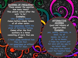 ADVERBS OF FREQUENCY
  These answer the question
      how many times?
This adverb comes after the
        verb 'to be':
          Examples:
   -She is always honest.
Comes before simple tenses          AFFIRMATIVE
     of all other verbs:                ADVERBS
-They sometimes spend the        (yes) and Adverb of
 whole of Saturday fishing.          negation (No)
    Comes after the first               Examples:
     auxiliary in a tense     yes, surely, certainly, in
consisting of more than one           deed, by all
             verb:                means, no, not at
-I have often wondered how         all, by no means.
       they did that.          -I hope my parent just
 I can sometimes go without    for once will say yes to
       food for days.               my latest idea.
                                -You must have heard
                              about the haunted house
                                         surely?
 