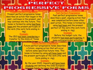 Present Perfect Progressive
                                                        Past Perfect Progressive
 Present perfect progressive tense
                                                     Past perfect progressive tense
describes an action that began in the
                                                 describes a past, ongoing action that
 past, continues in the present, and
                                                   was completed before some other
 may continue into the future. This
                                                 past action. This tense is formed by
 tense is formed by using has/have
                                                    using had been and the present
 been and the present participle of
                                                  perfect of the verb (the verb form
 the verb (the verb form ending in -
                                                             ending in -ing).
                ing).
                                                                Example:
              Example:
                                                      Before the budget cuts, the
  The CEO has been considering a
                                                   students had been participating in
   transfer to the state of Texas
                                                    many extracurricular activities.
   where profits would be larger.
                             Future Perfect Progressive
                   Future perfect progressive tense describes
                       a future, ongoing action that will occur
                      before some specified future time. This
                   tense is formed by using will have been and
                   the present participle of the verb (the verb
                                 form ending in -ing).
                                      Example:
                    By the year 2020, linguists will have been
                     studying and defining the Indo-European
                     language family for more than 200 years.
 
