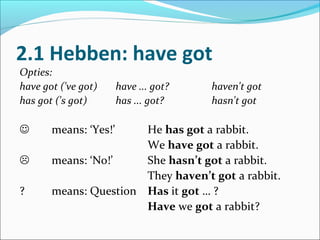 2.1 Hebben: have got
Opties:
have got ('ve got)     have ... got?   haven't got
has got ('s got)       has ... got?    hasn't got

      means: ‘Yes!’   He has got a rabbit.
                       We have got a rabbit.
      means: ‘No!’    She hasn’t got a rabbit.
                       They haven’t got a rabbit.
?      means: Question Has it got … ?
                       Have we got a rabbit?
 
