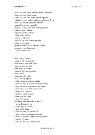 GRAMMATICVS                                                   Método de Latín


- terreo, -es, -ere, terrui, territum: aterrar, aterrorizar
- timeo, -es, -ere, timui: temer
- tolero, -as, -are, -avi, -atum: tolerar, soportar
- traduco, -is, -ere, traduxi, traductum: conducir, llevar
- traho, -is, -ere, traxi, tractum: arrastrar
- tranquillus, -a, -um: tranquilo
- transeo, -is, -ire, -ivi, -itum: cruzar, atravesar
- tribunus, -i (m): tribuno
- triginta (indeclin.): treinta
- Troia, -ae (f): Troya
- tunica, -ae (f): túnica
- turris, -is (f): torre, castillo, palacio
- tutus, -a, -um: seguro
- tyrannis, -idis (f): poder absoluto, tiranía
- tyrannus, -i (m): tirano, rey
- Tyrius, -a, -um: tirio

V
- umbra, -ae (f): sombra
- unda, -ae (f): ola, corriente
- universus, -a, -um: todo entero
- unus, -a, -um: uno solo
- urbs, urbis (f). ciudad
- usque ad (loc. prepos.): hasta
- utilis, -e: útil
- utinam (interj.): ojalá
- uxor, -oris (f): esposa
- vallum, -i (n): empalizada, vallado
- vasto, -as, -are, -avi, -atum: devastar, destruir
- venio, -is, -ire, veni, ventum: venir, llegar
- venor, -aris, -ari, venatus sum: cazar
- verbum, -i (n): palabra
- Vergilius, -i (m): Virgilio
- versus, -us (m): verso
- vetus, -eris: antiquo
- Via Sacra, Viae Sacrae (f): Vía Sacra
- via, -ae (f): camino, vía
- victoria, -ae (f): victoria
- vicus, -i (m): aldea
- video, -es, -ere, vidi, visum: ver
- videor, -eris, -eri, visus sum: parecer
- vinco, -is, -ere, vici, victum: vencer, superar
- vinum, -i (n): vino
- violo, -as, -are, -avi, -atum: violar


                                      GRAMMATICVS/ 101
 