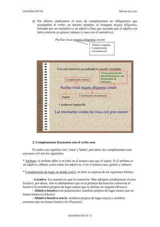 GRAMMATICVS                                                                        Método de Latín


       d) Por último, analizamos el resto de complementos no obligatorios que
          acompañan al verbo: en nuestro ejemplo, el sintagma magna diligentia,
          formado por un sustantivo y un adjetivo (hay que recordar que el adjetivo en
          latín concierta en género, número y caso con el sustantivo).

                          Puellae rosas magna diligentia curant
                                                         Ablativo singular.
                                                         Complemento
                                                         circunstancial




                           Con esto tenemos ya analizada la oración completa:
                                                                 Tercera persona del
                                                                 plural (desinencia –nt)
                                   Complemento directo           del presente de
                                                                 indicativo.

                              Puellae rosas magna diligentia curant

                                             Complemento circunstancial
                               Sujeto

                             Y podemos traducirla:

                         Las muchachas cuidan las rosas con gran esmero




       2. Complementos frecuentes con el verbo sum.

       El verbo sum significa 'ser', 'estar' y 'haber'; por tanto, los complementos más
cercanos a él son los siguientes:

* Atributo: el atributo debe ir en latín en el mismo caso que el sujeto. Si el atributo es
un adjetivo, deberá, como todos los adjetivos, ir en el mismo caso, género y número.

* Complemento de lugar en donde ('ubi'): en latín se expresa de las siguientes formas:

        - Locativo: los sustantivos que lo conserven. Más adelante estudiaremos el caso
locativo; por ahora, sólo te adelantamos que en la primera declinación conservan el
locativo los nombres propios de lugar menor que se declina en singular (Romae).
        - Ablativo-locativo (sin preposición): nombres propios de lugar menor que no
tienen locativo (Athenis)
        - Ablativo-locativo con in: nombres propios de lugar mayor y nombres
comunes que no tienen locativo (in Hispania).



                                    GRAMMATICVS/ 11
 