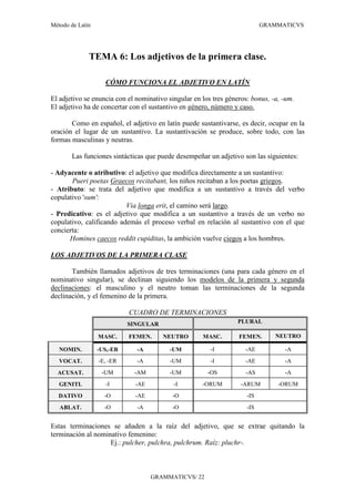 Método de Latín                                                            GRAMMATICVS




              TEMA 6: Los adjetivos de la primera clase.

                    CÓMO FUNCIONA EL ADJETIVO EN LATÍN

El adjetivo se enuncia con el nominativo singular en los tres géneros: bonus, -a, -um.
El adjetivo ha de concertar con el sustantivo en género, número y caso.

       Como en español, el adjetivo en latín puede sustantivarse, es decir, ocupar en la
oración el lugar de un sustantivo. La sustantivación se produce, sobre todo, con las
formas masculinas y neutras.

       Las funciones sintácticas que puede desempeñar un adjetivo son las siguientes:

- Adyacente o atributivo: el adjetivo que modifica directamente a un sustantivo:
       Pueri poetas Graecos recitabant, los niños recitaban a los poetas griegos.
- Atributo: se trata del adjetivo que modifica a un sustantivo a través del verbo
copulativo 'sum':
                          Via longa erit, el camino será largo.
- Predicativo: es el adjetivo que modifica a un sustantivo a través de un verbo no
copulativo, calificando además el proceso verbal en relación al sustantivo con el que
concierta:
      Homines caecos reddit cupiditas, la ambición vuelve ciegos a los hombres.

LOS ADJETIVOS DE LA PRIMERA CLASE

       También llamados adjetivos de tres terminaciones (una para cada género en el
nominativo singular), se declinan siguiendo los modelos de la primera y segunda
declinaciones: el masculino y el neutro toman las terminaciones de la segunda
declinación, y el femenino de la primera.

                            CUADRO DE TERMINACIONES
                            SINGULAR                              PLURAL

                  MASC.     FEMEN.     NEUTRO        MASC.        FEMEN.       NEUTRO

   NOMIN.         -US,-ER     -A          -UM           -I          -AE           -A
   VOCAT.         -E, -ER     -A          -UM           -I          -AE           -A
  ACUSAT.          -UM       -AM          -UM          -OS          -AS           -A
   GENITI.          -I        -AE          -I        -ORUM         -ARUM        -ORUM
  DATIVO            -O        -AE          -O                        -IS
   ABLAT.           -O        -A           -O                        -IS


Estas terminaciones se añaden a la raíz del adjetivo, que se extrae quitando la
terminación al nominativo femenino:
                    Ej.: pulcher, pulchra, pulchrum. Raíz: pluchr-.



                                    GRAMMATICVS/ 22
 