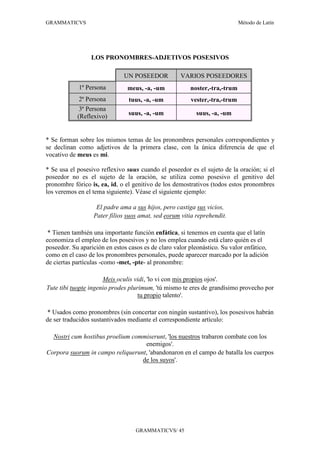 GRAMMATICVS                                                                 Método de Latín




                 LOS PRONOMBRES-ADJETIVOS POSESIVOS

                              UN POSEEDOR           VARIOS POSEEDORES
            1ª Persona         meus, -a, -um            noster,-tra,-trum
            2ª Persona          tuus, -a, -um           vester,-tra,-trum
             3ª Persona
            (Reflexivo)         suus, -a, -um             suus, -a, -um



* Se forman sobre los mismos temas de los pronombres personales correspondientes y
se declinan como adjetivos de la primera clase, con la única diferencia de que el
vocativo de meus es mi.

* Se usa el posesivo reflexivo suus cuando el poseedor es el sujeto de la oración; si el
poseedor no es el sujeto de la oración, se utiliza como posesivo el genitivo del
pronombre fórico is, ea, id, o el genitivo de los demostrativos (todos estos pronombres
los veremos en el tema siguiente). Véase el siguiente ejemplo:

                   El padre ama a sus hijos, pero castiga sus vicios,
                  Pater filios suos amat, sed eorum vitia reprehendit.

 * Tienen también una importante función enfática, si tenemos en cuenta que el latín
economiza el empleo de los posesivos y no los emplea cuando está claro quién es el
poseedor. Su aparición en estos casos es de claro valor pleonástico. Su valor enfático,
como en el caso de los pronombres personales, puede aparecer marcado por la adición
de ciertas partículas -como -met, -pte- al pronombre:

                      Meis oculis vidi, 'lo vi con mis propios ojos'.
Tute tibi tuopte ingenio prodes plurimum, 'tú mismo te eres de grandísimo provecho por
                                    tu propio talento'.

 * Usados como pronombres (sin concertar con ningún sustantivo), los posesivos habrán
de ser traducidos sustantivados mediante el correspondiente artículo:

  Nostri cum hostibus proelium commiserunt, 'los nuestros trabaron combate con los
                                   enemigos'.
Corpora suorum in campo reliquerunt, 'abandonaron en el campo de batalla los cuerpos
                                  de los suyos'.




                                   GRAMMATICVS/ 45
 