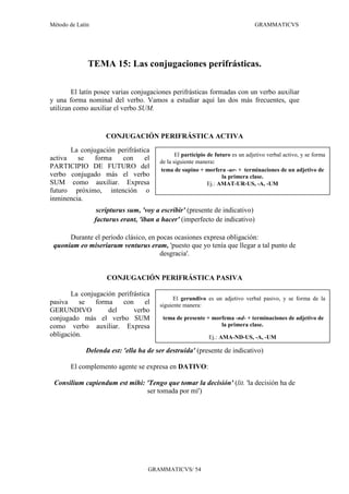 Método de Latín                                                                  GRAMMATICVS




              TEMA 15: Las conjugaciones perifrásticas.

        El latín posee varias conjugaciones perifrásticas formadas con un verbo auxiliar
y una forma nominal del verbo. Vamos a estudiar aquí las dos más frecuentes, que
utilizan como auxiliar el verbo SUM.


                      CONJUGACIÓN PERIFRÁSTICA ACTIVA
       La conjugación perifrástica
                                                El participio de futuro es un adjetivo verbal activo, y se forma
activa   se    forma    con     el       de la siguiente manera:
PARTICIPIO DE FUTURO del                 tema de supino + morfera -ur- + terminaciones de un adjetivo de
verbo conjugado más el verbo                                        la primera clase.
SUM como auxiliar. Expresa                                    Ej.: AMAT-UR-US, -A, -UM
futuro próximo, intención o
inminencia.
                   scripturus sum, 'voy a escribir' (presente de indicativo)
                  facturus erant, 'iban a hacer' (imperfecto de indicativo)

      Durante el período clásico, en pocas ocasiones expresa obligación:
 quoniam eo miseriarum venturus eram, 'puesto que yo tenía que llegar a tal punto de
                                      desgracia'.


                      CONJUGACIÓN PERIFRÁSTICA PASIVA

       La conjugación perifrástica
                                               El gerundivo es un adjetivo verbal pasivo, y se forma de la
pasiva    se   forma    con     el       siguiente manera:
GERUNDIVO          del      verbo
conjugado más el verbo SUM                tema de presente + morfema -nd- + terminaciones de adjetivo de
como verbo auxiliar. Expresa                                    la primera clase.
obligación.                                                   Ej.: AMA-ND-US, -A, -UM

             Delenda est: 'ella ha de ser destruida' (presente de indicativo)

       El complemento agente se expresa en DATIVO:

 Consilium capiendum est mihi: 'Tengo que tomar la decisión' (lit. 'la decisión ha de
                               ser tomada por mí')




                                     GRAMMATICVS/ 54
 