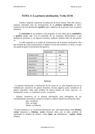 GRAMMATICVS                                                                 Método de Latín




          TEMA 3: La primera declinación. Verbo SUM.

        Vamos a empezar a practicar la traducción de frases latinas. Para ello vamos a
empezar utilizando sólo las terminaciones de la primera declinación, es decir,
sustantivos de esta declinación (genitivo -ae) y adjetivos de la primera clase en género
femenino.

       El enunciado de un sustantivo está integrado, en este orden, por su nominativo
y genitivo (rosa, -ae). Con el enunciado de un sustantivo determinamos a qué
declinación pertenece y, en algunas ocasiones, podemos también saber de qué género
es.
       La tabla siguiente es el cuadro de terminaciones de la primera declinación. Hay
que recordar que estas terminaciones se añaden a la raíz del sustantivo, es decir, a lo que
nos queda al quitar la terminación del genitivo.

                                        SINGULAR           PLURAL
                   NOMINATIVO             -A               - AE
                   VOCATIVO               -A               - AE
                   ACUSATIVO              - AM             - AS
                   GENITIVO               - AE             - ARUM
                   DATIVO                 - AE             - IS
                   ABLATIVO               -A               - IS

                   LOCATIVO               - AE



                                        NOTAS:

- La primera declinación, o declinación de los temas en -a, está integrada casi en su
totalidad por sustantivos de género femenino. Existen algunos pocos sustantivos de
género masculino, sobre todo nombres de oficios propios de varón: agricola, -ae
(campesino), nauta, -ae (marinero), poeta, -ae (poeta).

- Algunos sustantivos de la primera declinación, para distinguirse de sus
correspondientes masculinos, toman en el dativo y ablativo plural la terminación -abus:
              - dea, -ae (diosa).
              - filia, -ae (hija).
              - liberta, -ae (liberta).

- Existen sustantivos en la primera declinación que sólo tienen plural, como divitiae,
-arum (riquezas) o Athenae, -arum (Atenas); otros, por su lado, cambian de
significado al cambiar de número, como copia, -ae (abundancia) / copiae, -arum
(tropas).




                                    GRAMMATICVS/ 9
 