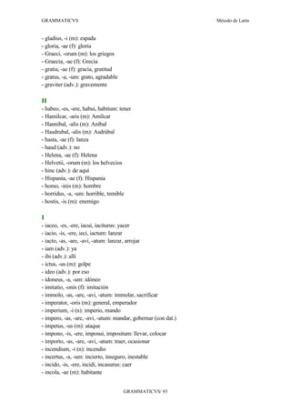 GRAMMATICVS                                                     Método de Latín


- gladius, -i (m): espada
- gloria, -ae (f): gloria
- Graeci, -orum (m): los griegos
- Graecia, -ae (f): Grecia
- gratia, -ae (f): gracia, gratitud
- gratus, -a, -um: grato, agradable
- graviter (adv.): gravemente

H
- habeo, -es, -ere, habui, habitum: tener
- Hamilcar, -aris (m): Amílcar
- Hannibal, -alis (m): Aníbal
- Hasdrubal, -alis (m): Asdrúbal
- hasta, -ae (f): lanza
- haud (adv.): no
- Helena, -ae (f): Helena
- Helvetii, -orum (m): los helvecios
- hinc (adv.): de aquí
- Hispania, -ae (f): Hispania
- homo, -inis (m): hombre
- horridus, -a, -um: horrible, temible
- hostis, -is (m): enemigo

I
- iaceo, -es, -ere, iacui, iaciturus: yacer
- iacio, -is, -ere, ieci, iactum: lanzar
- iacto, -as, -are, -avi, -atum: lanzar, arrojar
- iam (adv.): ya
- ibi (adv.): allí
- ictus, -us (m): golpe
- ideo (adv.): por eso
- idoneus, -a, -um: idóneo
- imitatio, -onis (f): imitación
- immolo, -as, -are, -avi, -atum: immolar, sacrificar
- imperator, -oris (m): general, emperador
- imperium, -i (n): imperio, mando
- impero, -as, -are, -avi, -atum: mandar, gobernar (con dat.)
- impetus, -us (m): ataque
- impono, -is, -ere, imposui, impositum: llevar, colocar
- importo, -as, -are, -avi, -atum: traer, ocasionar
- incendium, -i (n): incendio
- incertus, -a, -um: incierto, inseguro, inestable
- incido, -is, -ere, incidi, incasurus: caer
- incola, -ae (m): habitante


                                      GRAMMATICVS/ 93
 