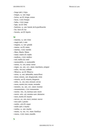 GRAMMATICVS                                              Método de Latín


- longe (adv.): lejos
- longus, -a, -um: largo
- lorica, -ae (f): loriga, coraza
- lucus, -i (m): bosque
- ludus, -i (m): juego
- lupa, -ae (f): loba
- lustricus, -a, -um: lustral, de la purificación
- lux, lucis (f): luz
- luxuria, -ae (f): lujuria

M
- maestus, -a, -um: triste
- magis (adv.): más
- magnus, -a, -um: grande
- manus, -us (f): mano
- maritus, -i (m): marido
- Mars, Martis: Marte
- mater, matris (f): madre
- medicus, -i (m): médico
- mel, mellis (n): miel
- memorabilis, -e: memorable
- metuo, -is, -ere, metui: temer
- migro, -as, -are, -avi, -atum: marcharse, emigrar
- miles, -itis (m): soldado
- Minerva, -ae (f): Minerva
- mirus, -a, -um: admirable, maravilloso
- miser, misera, -um: desgraciado, triste
- miseria, -ae (f): miseria, desgracia
- mitto, -is, -ere, misi, missum: enviar
- mons, montis (m): monte, montaña
- monstro, -as, -are, -avi, -atum: mostrar
- monumentum, -i (n): monumento
- morior, -iris, -iri, mortuus sum: morir
- moror, -aris, -ari, moratus sum: detenerse
- mors, mortis (f): muerte
- moveo, -es, -ere, movi, motum: mover
- mox (adv.): pronto
- mulier, -eris (f): mujer
- multo (adv.): mucho
- multus, -a, -um: mucho
- munio, -is, -ire, -ivi, -itum: fortificar
- murus, -i (m): muro, muralla

N

                                       GRAMMATICVS/ 95
 