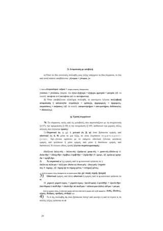 2) Ανομοίωση με αποβολή
α) Όταν σε δύο γειτονικές συλλαβές μιας λέξης υπάρχουν τα ίδια σύμφωνα, το ένα
από αυτά κάποτε αποβάλλεται: γίγνομαι = γίνομαι, γι-

1. Από to άνομοιόομαι

-οϋμαι = γίνομαι ανόμοιος, διαφορετικός.

γνώσκω = γινώσκω, (παρακ. του άγω) άγήγοχα = άγήοχα, φρατρία = φατρία (πβ. το
νεοελλ. πενήντα αντί πεντήντα από το πεντήκοντα).
β) Όταν αποβάλλεται ολόκληρη συλλαβή, το φαινόμενο λέγεται συλλαβική
ανομοίωση ή απλολογία: τετράπεζα = τράπεζα, άμφιφορεός = άμφορεύς,
σκιμπόπους = σκίμπους (πβ. τα νεοελλ. αποφοιτητήριο = απο-φοιτήριο, διδάσκαλος
= δάσκαλος).
η) Τροπή συμφώνων
70. Τα σύμφωνα, εκτός από τις μεταβολές που παρουσιάζουν με τη συγχώνευση
(§ 67), την αφομοίωση (§ 68) ή την ανομοίωση (§ 69). παθαίνουν και μερικές άλλες
αλλαγές που λέγονται τροπές:
1) Ουρανικό (κ, γ, χ ) ή χειλικό (π, β, φ) όταν βρίσκεται εμπρός από
οδοντικό (τ, δ, θ) μέσα σε μια λέξη, αν είναι έτερόπνοο σ υ μ π ν ε υ μ α τ ί ζ ε τ α ι , δηλ.-γίνεται ομόπνοο με το επόμενο οδοντικά (γίνεται ψιλόπνοο
εμπρός από ψιλόπνοο ή μέσο εμπρός από μέσο ή δασύπνοο εμπρός από
δασύπνοο). Η τέτοιου είδους τροπή λέγεται συμπνευματισμός:
(έκλέγ-ω) έκλεγ-τός - έκλεκ-τός· (γράφ-ω) γραφ-τός = γραπ-τός-(διώκ-ω) έδιώκ-θην = έδιώχ-θην- (τρίβω) έ-τρίβ-θην = έτρίφ-θην (θ. κρυφ-, πβ. κρύφ-α) κρύφδψ = κρύβ-δην.
2)
Το ουρανικό κ ή χ εμπρός από το μ κανονικά τρέπεται σε γ:
(πλέκ-ω) πλέκ-μα = πλέγ-μα· (διώκ-ω) διωκ-μός - διωγ-μός· (ταράσσω, θ. ταραχ-, πβ. ταραχ-ή) τε-ταραχ-μένος = τεταραγ-μένος.
^ Αλλά σε μερικές λέξεις διατηρούνται τα συμπλέγματα κμ,

3)
κ

χμ: ακμή, αιχμή, δραχμή
Οδοντικό εμπρός από άλλο οδοντικό ή εμπρός από το μ κανονικά τρέπεται σε

σ:
(θ. χαριετ) χαριέτ-τερος = χαριέσ-τερος- (ψεύδ-ομαι) έ-ψεύδθην = έψεύσ-θην(πεί-θομαι) έ-πείθ-θην = έπείσ-θην πέ-πειθ-μαι = πέπεισ-μαι-(άδω) οίδ-μα = φσ-μα.
Αλλά σε μερικές λέξεις, το οδοντικό εμπρός από άλλο οδοντικό ή εμπρός από το

ατμός, Κάδμος, αριθμός, πνθμήν κ.ά.

4)

μ παραμένει: Άτθίς, Πιτθενς,

Το τ της συλλαβής τι, όταν βρίσκεται ύστερ' από φωνήεν ή από το ένρινο ν, σε
πολλές λέξεις τρέπεται σε σ:

29

 