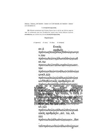 έκπλοος - έκπλους, τοΰ έκπλόου - έκπλου (αντί τοΰ έκπλοΰ), των έκπλόων - έκπλων
(αντί έκ-πλών) κτλ.
3. Αττική δεύτερη κλίση
101. Μερικά ουσιαστικά της β' κλίσης λήγουν όχι σε -ος και -ον, αλλά σε -ως και
-ων. Τα ουσιαστικά αυτά που συνηθίζονταν κυρίως στην αττική διάλεκτο λέγονται
αττικόκλιτα, και η κλίση τους λέγεται αττική δεύτερη κλίση.
Παραδείγματα
(θ. προνεω-)

(θ. λεω-)

(θ. άλω)

(θ. άνώγεω)

Ενικός
ον.ό
αριθμός
πρόνεωςλεώςάλωςτόάνώγεωνγε
ν.του
πρόνεωλεώτηςάλωτοΰάνώγεωδ
οτ.τω
προνεωλεώτηάλωτφάνώγεωαιτ.
τον
πρόνεωνλεώντηνάλω(ν)τόάνώγε
ωνκλ.(ώ)
πρόνεωςλεώς(ώ)άλως(ώ)άνώγε
ωνΠληθυντικός αριθμόςον.οΐ
πρόνεωλεώαίάλωτάάνώγεωγεν.
Κατά το ό πρόνεως (= πρόναος)
κλίνονται
τα
κύρια
ονόματα
των
Ανδρόγεως,
Βριάρεως,
Δεξίλεως,
Μενι.ψως, Τυνδάρεως κ.ά. Κατά το ό
πρόνεωνλεώντωνάλωντωνάνώγ
λεώς (= λαός) κλίνονται: ο νεώς (ναός), ό λαγώς. και λαγώς, ό ταώς (=
εωδοτ.τοις
παγόνι), ή Κως κ.ά.
Κατά το ή άλως (= το αλώνι)
πρόνεωςλεφςταϊςάλωςτοιςάνώ^
κλίνονται: ό κάλως (= χοντρό σκοινί),
ή έως (- αυγή), ό Άθως, ή Κέως, ή
εωςαιτ.τους
Τέως, ό Μίνως κ.ά. Κατά το ουδέτ.
άνώγεων κλίνονται μόνον ουδέτερα
πρόνεωςλεώςτάςάλωςτάάνώγεω
επίθετα {βλ. §§ 166-167).
κλ.(ώ)
πρόνεωλεώ(ω)άλω(ώ)άνώγεωΔ
υϊκός αριθμόςόν.,αιτ. τώ, κλ.
(ώ)
πρόνεωλεώάλωάνώγεωγεν.,δοτ
.
τοΐνπρόνεωνλεώνάλωνάνώγεων
45

 