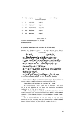 κλ.

(ώ)

κλητήρ

ίχώρ
Πληθυντικός αριθμός

ον.

οί

κλητήρες

ίχώρ-ες

γεν.

τών

κλητήρ-ων

ίχώρ-ων

δοτ.

τοις

κλητήρ-σ'ι(ν)

ίχώρ-σι(ν)

αιτ.

τούς

κλητήρ-ας

ίχώρ-ας

κλ.

(ώ)

κλητήρ-ες

(ω)

νέκταρ

ίχώρ-ες

Δυϊκός αριθμός όν.,
αιτ. τώ, κλ. (ώ) κλητήρ-ε ίχώρ-ε γεν., δοτ. τοΐν
κλητήρ-οιν ίχώρ-οιν

β) Διπλόθεμα: ακατάληκτα σε ήρ (γεν. -έρος) και -ωρ (γεν. -ορος)

(θ. άθηρ-, άθερ-) (θ. βητωρ-, ρητορ-)

(θ. αθήρ-, άθερ-) (θ. ρητωρ-, βητορ-)
Δυϊκός αριθμός

Ενικός
αριθμός
Πληθυντικός αριθμός
ον.όαθήρβήτωροίάθερ-εςβήτορεςγεν.τοΰάθέρ-οςβήτορ-οςτώνάθέρωνρητόρ-ωνδοτ.τώάθέρ-ιρήτοριτοιςάθέρ-σι(ν)βήτορσι(ν)αιτ.τονάθέρ-αρήτορ-ατούςάθέραςβήτορ-αςκλ.
(ω)αθήρβήτορ(ώ)άθέρ-εςβήτόρ-ες
όν.. αιτ. τώ, κλ. (ώ) άθέρ-ε, βήτορ-ε γεν., δοτ. τοΐν άθέρ-οιν, ρητόρ-οιν.
Κατά το όνομα ό αθήρ (= η λεπτότατη άκρη στα στάχυα, αθέρας) κλίνονται τα
ονόματα ό αήρ και ο αίθήρ, εύχρηστα μόνο στον ενικό (βλ. § 83, 1, β).
Παρατηρήσεις στα ενρινόληκτα και υγρόληκτα της γ' κλίσης
128. 1) Τα φωνήεντα / και α εμπρός από το χαρακτήρα ν των ονομάτων σε -ις (γεν. -ινος) και -αν (γεν. -ανος) είναι μακρόχρονα: της άκτΐν-ος,
της Σαλαμΐν-ος· τοΰ Τιτάν-ος, τοΰ πελεκάν-ος.
Τα ενρινόληκτα και υγρόληκτα της γ' κλίσης σχηματίζουν κανονικά
την κλητ. του ενικού όμοια με την ονομαστική του ενικού: ή άκτϊς - ώ άκτϊς· δ Τιτάν
- ώ Τιτάν- ό Έλλην - ώ Έλλην- ό ήγεμών - ώ ήγεμών· ό ποιμήν - ώ ποιμήν· ό ίχώρ ώ ίχώρ.
Αλλά τα βαρύτονα διπλόθεμα σε -ων (γεν. -ονος) και -ωρ (γεν. -ορος)
σχηματίζουν την κλητ. του ενικού όμοια με το αδύνατο θέμα: ό γειτων -ώ γεΐτον ό
δαίμων - ώ δαίμον· ό Ιάσων - ώ Ίάσον- ό βήτωρ - ώ ρήτορ (βλ. § 105).

2)

61

 