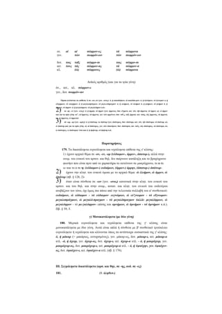 ον.
γεν.

οί

αί
τών

σώφρον-ες
σωφρόν-ων

τά
τών

σώφρονα
σωφρόν-ων

δοτ.
αιτ.
κλ.

τοις ταΐς
τους τάς
(ώ)

σώφρο-σι
σώφρον-ας
σώφρονες

τοις
τά
(ώ)

σώφρο-σι
σώφρον-α
σώφρονα

Δυϊκός αριθμός (και για τα τρία γένη)
όν., αιτ., κλ. σώφρον-ε
γεν., δοτ. σωφρόν-οιν
Όμοια κλίνονται τα επίθετα 1) σε -ων,-ον (γεν. -ονος): ό, ή κακοδαίμων, ιό κακόδαι-μον- ό, ή άγνώμων, τό άγνωμον ο, ή
εύσχημων, τό εοσχημον- ό, ή μεγαλοπράγμων, τό μεγα-λόπραγμον· ό, ή ελεήμων, τό έλεήμον ό, ή μνήμων, τό μνήμον ό, ή

2)

άφρων, τό άφρον- ό, ή μεγαλόφρων, τό μεγαλόφρον κ.ά.σε -ην, -εν (γεν. -ενος): ό, ή άρρην, τό άρρεν (γεν. άρρενος, δοτ. ά'ρρενι, αιτ. τόν, τήν-άρρενα, τό άρρεν, κλ. ώ άρρεν

και για τα τρία γένη- οι, αί άρρενες, τά άρρενα, γεν. τών αρρένων, δοτ. τοΓς, ταΐς άρρεαι, αιτ. τσιίς, τάς άρρενας, τά άρρενα,
κλ. ώ άρρενες, ώ άρρενα)-

3)

σέ -ωρ, -ορ (γεν. -ορός): ό, ή άπάτωρ, το άπάτορ (γεν. άπάτορος, δοτ. άπάτορι, αιτ. τόν, τήν άπάτορα, τό άπάτορ, κλ.

ώ άπάτορ και για τα τρία γένη- οί, αί άπάτορες, γεν. τών άπατόρων, δοτ. άπάτορσι, αιτ. τούς, τάς άπάτορας, τά άπάτορα, κλ.
ω άπάτορες, ω άπάτορα)· έτσι και ό, ή άμήτωρ, τό άμήτορ κ.ά.

Παρατηρήσεις
179. Τα δικατάληκτα ενρινόληκτα και υγρόληκτα επίθετα της γ' κλίσης:
ί ) έχουν αρχικό θέμα σε -ον, -εν, -ορ (εύδαιμον-, άρρεν-, άπατορ-), αλλά στην
ονομ. του ενικού του αρσεν. και θηλ. δεν παίρνουν κατάληξη και το βραχύχρονο
φωνήεν που είναι πριν από το χαρακτήρα το εκτείνουν σε μακρόχρονο, το ο σε
ω~και το ε σε η: (εύδαιμον-) ευδαίμων, (άρρεν-) άρρην, (άπατορ-) άπάτωρέχουν την κλητ. του ενικού όμοια με το αρχικό θέμα: ώ έλεήμον, ώ άρρεν, ώ
άπάτορ (πβ. § 128, 2)όταν είναι σύνθετα σε -ων (γεν. -ονος) κανονικά στην κλητ. του ενικού του
αρσεν. και του θηλ. και στην ονομ., αιτιατ. και κλητ. του ενι κού του ουδετέρου
ανεβάζουν τον τόνο, όχι όμως πιο πάνω από την τελευταία συλλαβή του α' συνθετικού:
ευδαίμων, ώ εύδαιμον - τό εύδαιμον· ευγνώμων, ώ εύ'γνωμον - τό εΰγνωμονμεγαλοπράγμων, ώ μεγαλό-πραγμον - τό μεγαλόπραγμον (αλλά: μεγαλόφρων, ώ
μεγαλόφρον - τό με-γαλόφρον- επίσης και αμνήμων, ώ άμνήμον - τό άμνήμον κ.ά.).
Πβ. § 39, 5.

2)
3)

γ) Μονοκατάληκτα (με δύο γένη)
180. Μερικά ενρινόληκτα και υγρόληκτα επίθετα της γ' κλίσης είναι
μονοκατάληκτα με δύο γένη. Αυτά είναι απλά ή σύνθετα με β' συνθετικό τριτόκλιτο
ενρινόληκτο ή υγρόληκτο και κλίνονται όπως τα αντίστοιχα ουσιαστικά της γ' κλίσης:
ό, ή μάκαρ (= μακάριος, ευτυχισμένος), γεν. μάκαρ-ος, δοτ. μάκαρ-ι, αιτ. μάκαρ-α
κτλ. -ό, ή άχειρ, γεν. άχειρ-ος, δοτ. άχειρ-ι, αιτ. άχειρ-α κτλ. - ό, ή μακρόχειρ, γεν.
μακρόχειρ-ος, δοτ. μακρόχειρ-ι, αιτ. μακρόχειρ-α κτλ. - ό, ή ύψαύχην, γεν. ύψαόχενος, δοτ. ύψαύχεν-ι, αιτ. ύψαύχεν-α κτλ. (πβ. § 176).

III. Σιγμόληκτα δικατάληκτα (αρσ. και θηλ. σε -ης, ουδ. σε -ες)
181.

(θ. άληθεσ-)

 