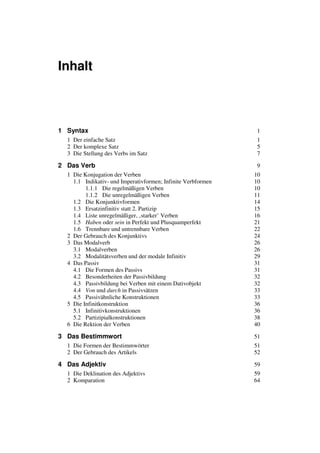 Inhalt



1 Syntax                                                       1
  1 Der einfache Satz                                          1
  2 Der komplexe Satz                                          5
  3 Die Stellung des Verbs im Satz                             7

2 Das Verb                                                     9
  1 Die Konjugation der Verben                                10
    1.1 Indikativ- und Imperativformen; Infinite Verbformen   10
         1.1.1 Die regelmäßigen Verben                        10
         1.1.2 Die unregelmäßigen Verben                      11
    1.2 Die Konjunktivformen                                  14
    1.3 Ersatzinfinitiv statt 2. Partizip                     15
    1.4 Liste unregelmäßiger, ‚starker’ Verben                16
    1.5 Haben oder sein in Perfekt und Plusquamperfekt        21
    1.6 Trennbare und untrennbare Verben                      22
  2 Der Gebrauch des Konjunktivs                              24
  3 Das Modalverb                                             26
    3.1 Modalverben                                           26
    3.2 Modalitätsverben und der modale Infinitiv             29
  4 Das Passiv                                                31
    4.1 Die Formen des Passivs                                31
    4.2 Besonderheiten der Passivbildung                      32
    4.3 Passivbildung bei Verben mit einem Dativobjekt        32
    4.4 Von und durch in Passivsätzen                         33
    4.5 Passivähnliche Konstruktionen                         33
  5 Die Infinitkonstruktion                                   36
    5.1 Infinitivkonstruktionen                               36
    5.2 Partizipialkonstruktionen                             38
  6 Die Rektion der Verben                                    40

3 Das Bestimmwort                                             51
  1 Die Formen der Bestimmwörter                              51
  2 Der Gebrauch des Artikels                                 52

4 Das Adjektiv                                                59
  1 Die Deklination des Adjektivs                             59
  2 Komparation                                               64
 