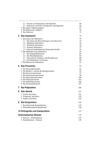 2.1 Formen von Komparativ und Superlativ               64
    2.2 Gebrauch von Positiv, Komparativ und Superlativ    66
  3 Besondere Adjektivgruppen                              67
  4 Die Rektion des Adjektivs                              70
  5 Das Zahlwort                                           72

5 Das Substantiv                                           75
  1 Das Genus des Substantivs                              75
    1.1 Das Genus der Bezeichnungen von Lebewesen          75
    1.2 Männliche Substantive                              76
    1.3 Weibliche Substantive                              76
    1.4 Neutrale Substantive                               77
    1.5 Deutsch-niederländische Genusunterschiede          79
  2 Die Deklination des Substantivs                        82
    2.1 Die Singulardeklination                            82
    2.2 Die Pluraldeklination                              84
    2.3 Übersicht der Singular- und Pluralklassen          88
    2.4 Die Deklination von Namen                          89
  3 Die Rektion des Substantivs                            92

6 Das Pronomen                                             93
  1   Das Personalpronomen                                 93
  2   Das Reflexiv- und das Reziprokpronomen               95
  3   Das Possessivpronomen                                97
  4   Das Demonstrativpronomen                             98
  5   Das Interrogativpronomen                            100
  6   Das Relativpronomen                                 101
  7   Das Indefinitpronomen                               104
  8   Das Pronominaladverb                                107

7 Die Präposition                                         109

8 Das Adverb                                              121
  1 Lokale Adverbien                                      121
  2 Temporale Adverbien                                   122
  3 Andere Adverbien                                      122

9 Die Konjunktion                                         125
  1 Koordinierende Konjunktionen                          125
  2 Subordinierende Konjunktionen                         126

10 Orthografie und Interpunktion                          131

Grammatisches Glossar                                     135
  1 Deutsch – Niederländisch                              135
  2 Niederländisch – Deutsch                              139
 