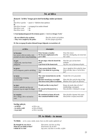 34. at blive
Bemærk: ’at blive’ bruges på to helt forskellige måder på dansk:
I.
Han bliver sparket = passiv (= lideform (han sparkes)
II.
Han bliver berømt = overgang til en anden tilstand
Han bliver vred = do
Han bliver lærer = do
I. Som hjælpeudsagnsord til at danne passiv (= lideform) bruges ’to be’
- He was killed in the accident Han blev dræbt ved ulykken
- They were caught by the police De blev fanget af politiet
II. Om overgang til anden tilstand bruges følgende oversættelser af:
at blive eksempler
to become:
kan næsten altid anvendes, men
normalt om mere varig forandring
Peter became a teacher
He became unpleasant as he
grew older
Peter blev lærer
Han blev ubehagelig, da (som) han
blev ældre
to get:
i daglig tale, men kun foran
tillægsord
He got angry when he heard the
news
I got tired of the homework
Han blev gal, da han hørte
nyheden
Jeg blev træt af hjemmearbejdet
to grow:
om en langsom, gradvis udvikling
I have grown fond of him
Don’t you think he is growing
fat?
Jeg er (gradvis) blevt glad for ham
Synes du ikke, han er ved at blive
fed?
to turn:
om pludselig overgang,
om farveskift
The water turned into ice on the
ground
His hair turned grey overnight
The leaves turn yellow in autumn
Vandet blev til is på jorden
Hans hår blev gråt fra dag til dag
Bladene bliver gule om efteråret
to stay:
forblive, opholde sig (kun om
personer (og om noget frivilligt)
Would you like to stay here?
He stayed in Denmark for a
week
Kunne du tænke dig at bo her?
(midlertidigt; som gæst)
Han (for)blev i Danmark i en uge
to remain:
blive tilbage, blive ved med at
være
He remained at home all week
She remained faithful to him
Han (for)blev hjemme hele ugen
Hun forblev tro(fast) mod ham
Særlige udtryk:
- to fall ill at blive syg
- to catch a cold at blive forkølet
- to go mad at blive vanvittig
35. to think - to mean
To think: at tro, synes, tænke, mene, have en eller anden opfattelse af
He thought he was clever Han mente, (at) han var klog
What do you think of that? Hvad mener du om dét?
I think he is a fool Jeg synes, (at) han er en tåbe; et fjols
23
 