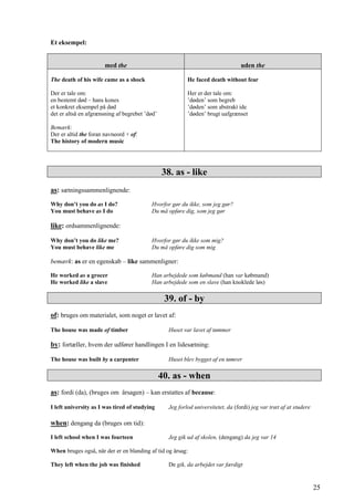 Et eksempel:
med the uden the
The death of his wife came as a shock
Der er tale om:
en bestemt død – hans kones
et konkret eksempel på død
det er altså en afgrænsning af begrebet ’død’
Bemærk:
Der er altid the foran navneord + of:
The history of modern music
He faced death without fear
Her er der tale om:
’døden’ som begreb
’døden’ som abstrakt ide
’døden’ brugt uafgrænset
38. as - like
as: sætningssammenlignende:
Why don’t you do as I do? Hvorfor gør du ikke, som jeg gør?
You must behave as I do Du må opføre dig, som jeg gør
like: ordsammenlignende:
Why don’t you do like me? Hvorfor gør du ikke som mig?
You must behave like me Du må opføre dig som mig
bemærk: as er en egenskab – like sammenligner:
He worked as a grocer Han arbejdede som købmand (han var købmand)
He worked like a slave Han arbejdede som en slave (han knoklede løs)
39. of - by
of: bruges om materialet, som noget er lavet af:
The house was made of timber Huset var lavet af tømmer
by: fortæller, hvem der udfører handlingen I en lidesætning:
The house was built by a carpenter Huset blev bygget af en tømrer
40. as - when
as: fordi (da), (bruges om årsagen) – kan erstattes af because:
I left university as I was tired of studying Jeg forlod universitetet, da (fordi) jeg var træt af at studere
when: dengang da (bruges om tid):
I left school when I was fourteen Jeg gik ud af skolen, (dengang) da jeg var 14
When bruges også, når der er en blanding af tid og årsag:
They left when the job was finished De gik, da arbejdet var færdigt
25
 