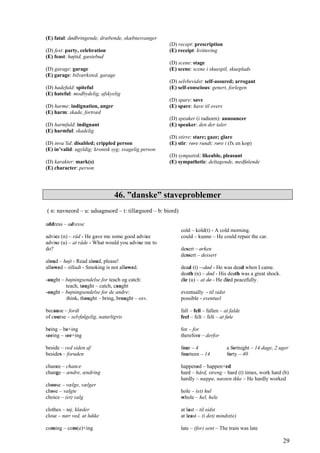 29
(E) fatal: dødbringende, dræbende, skæbnesvanger
(D) fest: party, celebration
(E) feast: højtid, gæstebud
(D) garage: garage
(E) garage: bilværksted, garage
(D) hadefuld: spiteful
(E) hateful: modbydelig, afskyelig
(D) harme: indignation, anger
(E) harm: skade, fortræd
(D) harmfuld: indignant
(E) harmful: skadelig
(D) inva’lid: disabled; crippled person
(E) in’valid: ugyldig; kronisk syg; svagelig person
(D) karakter: mark(s)
(E) character: person
(D) recept: prescription
(E) receipt: kvittering
(D) scene: stage
(E) scene: scene i skuespil, skueplads
(D) selvbevidst: self-assured; arrogant
(E) self-conscious: genert, forlegen
(D) spare: save
(E) spare: have til overs
(D) speaker (i radioen): announcer
(E) speaker: den der taler
(D) stirre: stare; gaze; glare
(E) stir: røre rundt; røre i (fx en kop)
(D) sympatisk: likeable, pleasant
(E) sympathetic: deltagende, medfølende
46. ”danske” staveproblemer
( n: navneord – u: udsagnsord – t: tillægsord – b: biord)
address – adresse
advice (n) – råd - He gave me some good advice
advise (u) – at råde - What would you advise me to
do?
aloud – højt - Read aloud, please!
allowed – tilladt - Smoking is not allowed.
-aught – bøjningsendelse for teach og catch:
teach, taught – catch, caught
-ought – bøjningsendelse for de andre:
think, thought – bring, brought – osv.
because – fordi
of course – selvfølgelig, naturligvis
being – be+ing
seeing – see+ing
beside – ved siden af
besides – foruden
chance – chance
change – ændre, ændring
choose – vælge, vælger
chose – valgte
choice – (et) valg
clothes – tøj, klæder
close – nær ved, at lukke
coming – com(e)+ing
cold – kold(t) - A cold morning.
could – kunne – He could repair the car.
desert – ørken
dessert – dessert
dead (t) –-død - He was dead when I came.
death (n) – død - His death was a great shock.
die (u) – at dø - He died peacefully.
eventually - til sidst
possible - eventuel
fall – fell – fallen – at falde
feel – felt – felt – at føle
for – for
therefore – derfor
four – 4 a fortnight – 14 dage, 2 uger
fourteen – 14 forty – 40
happened – happen+ed
hard – hård, streng – hard (t) times, work hard (b)
hardly – næppe, næsten ikke – He hardly worked
hole – (et) hul
whole – hel, hele
at last – til sidst
at least – (i det) mindst(e)
late – (for) sent – The train was late
 
