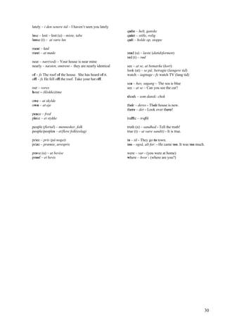 lately – i den senere tid – I haven’t seen you lately
lose – lost – lost (u) – miste, tabe
loose (t) – at være løs
meat – kød
meet – at møde
near – nær(ved) – Your house is near mine
nearly – næsten, omtrent - they are nearly identical
of – fx The roof of the house. She has heard of it.
off – fx He fell off the roof. Take your hat off.
our – vores
hour – (klokke)time
owe – at skylde
own – at eje
peace – fred
piece – et stykke
people (flertal) – mennesker, folk
people/peoples – et/flere folk(eslag)
price – pris (på noget)
prize – præmie, ærespris
prove (u) – at bevise
proof – et bevis
quite – helt, ganske
quiet – stille, rolig
quit – holde op, stoppe
read (u) – læste (datidsformen)
red (t) – rød
see – at se, at bemærke (kort)
look (at) – se på; betragte (længere tid)
watch – iagttage - fx watch TV (lang tid)
sea – hav, søgang – The sea is blue
see – at se – Can you see the car?
shock – som dansk: chok
their – deres - Their house is new.
there – der - Look over there!
traffic – trafik
truth (n) – sandhed - Tell the truth!
true (t) – at være sand(t) - It is true.
to – til - They go to town.
too – også, alt for: - He came too. It was too much.
were – var - (you were at home)
where – hvor - (where are you?)
30
 