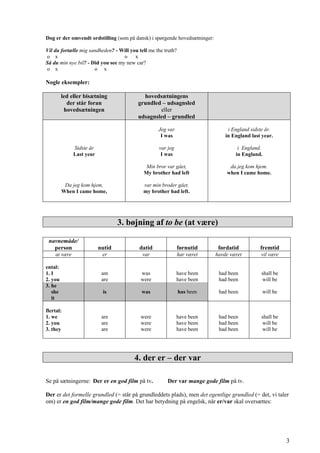 Dog er der omvendt ordstilling (som på dansk) i spørgende hovedsætninger:
Vil du fortælle mig sandheden? - Will you tell me the truth?
o x o x
Så du min nye bil? - Did you see my new car?
o x o x
Nogle eksempler:
led eller bisætning
der står foran
hovedsætningen
hovedsætningens
grundled – udsagnsled
eller
udsagnsled – grundled
Sidste år
Last year
Da jeg kom hjem,
When I came home,
Jeg var
I was
var jeg
I was
Min bror var gået,
My brother had left
var min broder gået.
my brother had left.
i England sidste år.
in England last year.
i England.
in England.
da jeg kom hjem.
when I came home.
3. bøjning af to be (at være)
navnemåde/
person nutid datid førnutid førdatid fremtid
at være er var har været havde været vil være
ental:
1. I
2. you
am
are
was
were
have been
have been
had been
had been
shall be
will be
3. he
she
it
is was has been had been will be
flertal:
1. we
2. you
3. they
are
are
are
were
were
were
have been
have been
have been
had been
had been
had been
shall be
will be
will be
4. der er – der var
Se på sætningerne: Der er en god film på tv. Der var mange gode film på tv.
Der er det formelle grundled (= står på grundleddets plads), men det egentlige grundled (= det, vi taler
om) er en god film/mange gode film. Det har betydning på engelsk, når er/var skal oversættes:
3
 