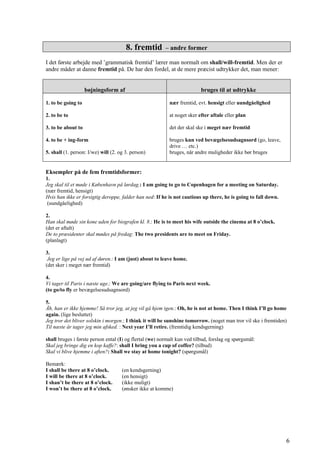 8. fremtid – andre former
I det første arbejde med ’grammatisk fremtid’ lærer man normalt om shall/will-fremtid. Men der er
andre måder at danne fremtid på. De har den fordel, at de mere præcist udtrykker det, man mener:
bøjningsform af bruges til at udtrykke
1. to be going to
2. to be to
3. to be about to
4. to be + ing-form
5. shall (1. person: I/we) will (2. og 3. person)
nær fremtid, evt. hensigt eller uundgåelighed
at noget sker efter aftale eller plan
det der skal ske i meget nær fremtid
bruges kun ved bevægelsesudsagnsord (go, leave,
drive … etc.)
bruges, når andre muligheder ikke bør bruges
Eksempler på de fem fremtidsformer:
1.
Jeg skal til et møde i København på lørdag.: I am going to go to Copenhagen for a meeting on Saturday.
(nær fremtid, hensigt)
Hvis han ikke er forsigtig deroppe, falder han ned: If he is not cautious up there, he is going to fall down.
(uundgåelighed)
2.
Han skal møde sin kone uden for biografen kl. 8.: He is to meet his wife outside the cinema at 8 o’clock.
(det er aftalt)
De to præsidenter skal mødes på fredag: The two presidents are to meet on Friday.
(planlagt)
3.
Jeg er lige på vej ud af døren.: I am (just) about to leave home.
(det sker i meget nær fremtid)
4.
Vi tager til Paris i næste uge.: We are going/are flying to Paris next week.
(to go/to fly er bevægelsesudsagnsord)
5.
Åh, han er ikke hjemme! Så tror jeg, at jeg vil gå hjem igen.: Oh, he is not at home. Then I think I’ll go home
again. (lige besluttet)
Jeg tror det bliver solskin i morgen.: I think it will be sunshine tomorrow. (noget man tror vil ske i fremtiden)
Til næste år tager jeg min afsked. : Next year I’ll retire. (fremtidig kendsgerning)
shall bruges i første person ental (I) og flertal (we) normalt kun ved tilbud, forslag og spørgsmål:
Skal jeg bringe dig en kop kaffe?: shall I bring you a cup of coffee? (tilbud)
Skal vi blive hjemme i aften?: Shall we stay at home tonight? (spørgsmål)
Bemærk:
I shall be there at 8 o’clock. (en kendsgerning)
I will be there at 8 o’clock. (en hensigt)
I shan’t be there at 8 o’clock. (ikke muligt)
I won’t be there at 8 o’clock. (ønsker ikke at komme)
6
 