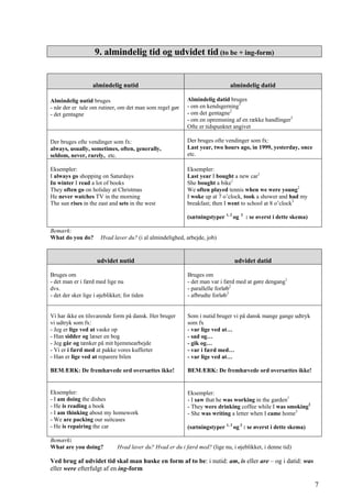 9. almindelig tid og udvidet tid (to be + ing-form)
almindelig nutid almindelig datid
Almindelig nutid bruges
- når der er tale om rutiner, om det man som regel gør
- det gentagne
Almindelig datid bruges
- om en kendsgerning1
- om det gentagne2
- om en opremsning af en række handlinger3
Ofte er tidspunktet angivet
Der bruges ofte vendinger som fx:
always, usually, sometimes, often, generally,
seldom, never, rarely, etc.
Der bruges ofte vendinger som fx:
Last year, two hours ago, in 1999, yesterday, once
etc.
Eksempler:
I always go shopping on Saturdays
In winter I read a lot of books
They often go on holiday at Christmas
He never watches TV in the morning
The sun rises in the east and sets in the west
Eksempler:
Last year I bought a new car1
She bought a bike1
We often played tennis when we were young2
I woke up at 7 o’clock, took a shower and had my
breakfast; then I went to school at 8 o’clock3
(sætningstyper 1, 2
og 3
: se øverst i dette skema)
Bemærk:
What do you do? Hvad laver du? (i al almindelighed, arbejde, job)
udvidet nutid udvidet datid
Bruges om
- det man er i færd med lige nu
dvs.
- det der sker lige i øjeblikket; for tiden
Bruges om
- det man var i færd med at gøre dengang1
- parallelle forløb2
- afbrudte forløb3
Vi har ikke en tilsvarende form på dansk. Her bruger
vi udtryk som fx:
- Jeg er lige ved at vaske op
- Han sidder og læser en bog
- Jeg går og tænker på mit hjemmearbejde
- Vi er i færd med at pakke vores kufferter
- Han er lige ved at reparere bilen
BEMÆRK: De fremhævede ord oversættes ikke!
Som i nutid bruger vi på dansk mange gange udtryk
som fx
- var lige ved at…
- sad og…
- gik og…
- var i færd med…
- var lige ved at…
BEMÆRK: De fremhævede ord oversættes ikke!
Eksempler:
- I am doing the dishes
- He is reading a book
- I am thinking about my homework
- We are packing our suitcases
- He is repairing the car
Eksempler:
- I saw that he was working in the garden1
- They were drinking coffee while I was smoking2
- She was writing a letter when I came home3
(sætningstyper 1, 2
og 3
: se øverst i dette skema)
Bemærk:
What are you doing? Hvad laver du? Hvad er du i færd med? (lige nu, i øjeblikket, i denne tid)
Ved brug af udvidet tid skal man huske en form af to be: i nutid: am, is eller are – og i datid: was
eller were efterfulgt af en ing-form
7
 