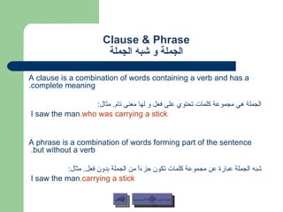 Clause & Phrase الجملة و شبه الجملة A clause is a combination of words containing a verb and has a complete meaning. الجملة هي مجموعة كلمات تحتوي على فعل و لها معنى تام .  مثال :   I saw the man  who was carrying a stick. A phrase is a combination of words forming part of the sentence but without a verb.  شبه الجملة عبارة عن مجموعة كلمات تكون جزءاً من الجملة بدون فعل .  مثال :   I saw the man  carrying a stick. عودة إلى القائمة الرئيسية السابق عودة إلى القائمة الرئيسية 