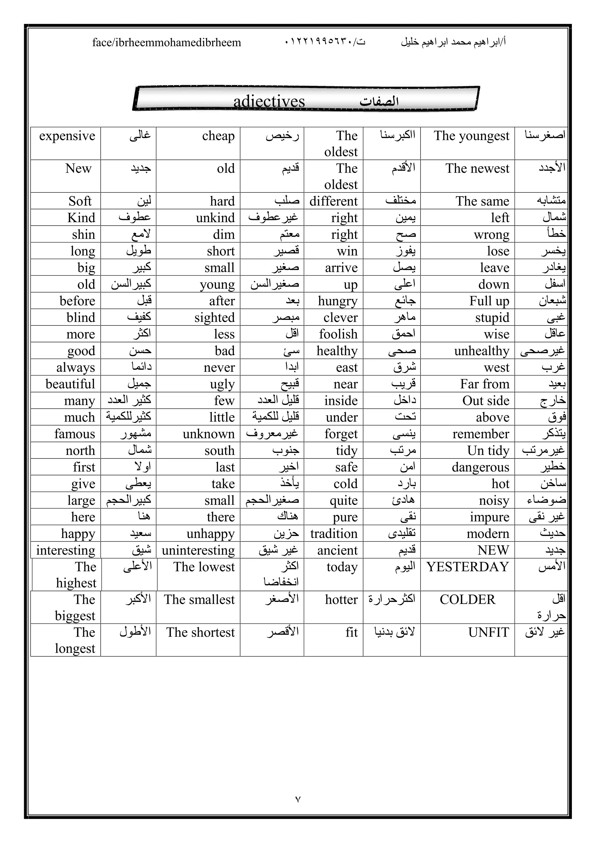 /‫ت‬ ‫ﺧﻠﯿﻞ‬ ‫اﺑﺮاھﯿﻢ‬ ‫ﻣﺤﻤﺪ‬ ‫أ/اﺑﺮاھﯿﻢ‬٠١٢٢١٩٩٥٦٣٠face/ibrheemmohamedibrheem
٧
‫اﺻﻐﺮﺳﻨﺎ‬The youngest‫ااﻛﺒﺮﺳﻨﺎ‬The
oldest
‫رﺧﯿﺺ‬cheap‫ﻏﺎﻟﻰ‬expensive
‫اﻷﺟﺪد‬The newest‫اﻷﻗﺪم‬The
oldest
‫ﻗﺪﯾﻢ‬old‫ﺟﺪﯾﺪ‬New
‫ﻣﺘﺸﺎﺑﮫ‬The same‫ﻣﺨﺘﻠﻒ‬different‫ﺻﻠﺐ‬hard‫ﻟﯿﻦ‬Soft
‫ﺷﻤﺎل‬left‫ﯾﻤﯿﻦ‬right‫ﻏﯿﺮﻋﻄﻮف‬unkind‫ﻋﻄﻮف‬Kind
‫ﺧﻄﺄ‬wrong‫ﺻﺢ‬right‫ﻣﻌﺘﻢ‬dim‫ﻻﻣﻊ‬shin
‫ﯾﺨﺴﺮ‬lose‫ﯾﻔﻮز‬win‫ﻗﺼﯿﺮ‬short‫طﻮﯾﻞ‬long
‫ﯾﻐﺎدر‬leave‫ﯾﺼﻞ‬arrive‫ﺻﻐﯿﺮ‬small‫ﻛﺒﯿﺮ‬big
‫اﺳﻔﻞ‬down‫اﻋﻠﻰ‬up‫ﺻﻐﯿﺮاﻟﺴﻦ‬young‫ﻛﺒﯿﺮاﻟﺴﻦ‬old
‫ﺷﺒﻌﺎن‬Full up‫ﺟﺎﺋﻊ‬hungry‫ﺑﻌﺪ‬after‫ﻗﺒﻞ‬before
‫ﻏﺒﻰ‬stupid‫ﻣﺎھﺮ‬clever‫ﻣﺒﺼﺮ‬sighted‫ﻛﻔﯿﻒ‬blind
‫ﻋﺎﻗﻞ‬wise‫اﺣﻤﻖ‬foolish‫اﻗﻞ‬less‫اﻛﺜﺮ‬more
‫ﻏﯿﺮﺻﺤﻰ‬unhealthy‫ﺻﺤﻰ‬healthy‫ﺳﺊ‬bad‫ﺣﺴﻦ‬good
‫ﻏﺮب‬west‫ﺷﺮق‬east‫اﺑﺪا‬never‫داﺋﻤﺎ‬always
‫ﺑﻌﯿﺪ‬Far from‫ﻗﺮﯾﺐ‬near‫ﻗﺒﯿﺢ‬ugly‫ﺟﻤﯿﻞ‬beautiful
‫ﺧﺎرج‬Out side‫داﺧﻞ‬inside‫اﻟﻌﺪد‬ ‫ﻗﻠﯿﻞ‬few‫اﻟﻌﺪد‬ ‫ﻛﺜﯿﺮ‬many
‫ﻓ‬‫ﻮق‬above‫ﺗﺤﺖ‬under‫ﻟﻠﻜﻤﯿﺔ‬ ‫ﻗﻠﯿﻞ‬little‫ﻛﺜﯿﺮﻟﻠﻜﻤﯿﺔ‬much
‫ﯾﺘﺬﻛﺮ‬remember‫ﯾﻨﺴﻰ‬forget‫ﻏﯿﺮﻣﻌﺮوف‬unknown‫ﻣﺸﮭﻮر‬famous
‫ﻏﯿﺮﻣﺮﺗﺐ‬Un tidy‫ﻣﺮﺗﺐ‬tidy‫ﺟﻨﻮب‬south‫ﺷﻤﺎل‬north
‫ﺧﻄﯿﺮ‬dangerous‫اﻣﻦ‬safe‫اﺧﯿﺮ‬last‫اوﻻ‬first
‫ﺳﺎﺧﻦ‬hot‫ﺑﺎرد‬cold‫ﯾﺄﺧﺬ‬take‫ﯾﻌﻄﻰ‬give
‫ﺿﻮﺿﺎء‬noisy‫ھﺎدئ‬quite‫ﺻﻐﯿﺮاﻟﺤﺠﻢ‬small‫ﻛﺒﯿﺮاﻟﺤﺠﻢ‬large
‫ﻧﻘﻰ‬ ‫ﻏﯿﺮ‬impure‫ﻧﻘﻰ‬pure‫ھﻨﺎك‬there‫ھﻨﺎ‬here
‫ﺣﺪﯾﺚ‬modern‫ﺗﻘﻠﯿﺪى‬tradition‫ﺣﺰﯾﻦ‬unhappy‫ﺳﻌﯿﺪ‬happy
‫ﺟﺪﯾﺪ‬NEW‫ﻗﺪﯾﻢ‬ancient‫ﺷﯿﻖ‬ ‫ﻏﯿﺮ‬uninteresting‫ﺷﯿﻖ‬interesting
‫اﻷﻣﺲ‬YESTERDAY‫اﻟﯿﻮم‬today‫اﻛﺜﺮ‬
‫اﻧﺨﻔﺎﺿﺎ‬
The lowest‫اﻷﻋﻠﻰ‬The
highest
‫اﻗﻞ‬
‫ﺣﺮارة‬
COLDER‫اﻛﺜﺮﺣﺮارة‬hotter‫اﻷﺻﻐﺮ‬The smallest‫اﻷﻛﺒﺮ‬The
biggest
‫ﻻﺋﻖ‬ ‫ﻏﯿﺮ‬UNFIT‫ﺑﺪﻧﯿﺎ‬ ‫ﻻﺋﻖ‬fit‫اﻷﻗﺼﺮ‬The shortest‫اﻷطﻮل‬The
longest
adjectives ‫اﻟﺼﻔﺎت‬
 
