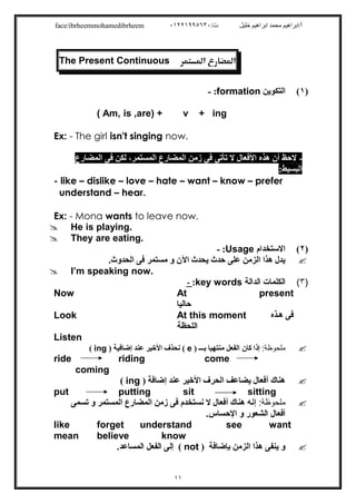 /‫ت‬ ‫ﺧﻠﯿﻞ‬ ‫اﺑﺮاھﯿﻢ‬ ‫ﻣﺤﻤﺪ‬ ‫أ/اﺑﺮاھﯿﻢ‬٠١٢٢١٩٩٥٦٣٠face/ibrheemmohamedibrheem
١١
The Present Continuous 
)١(‫اﻟﺘﻜﻮﯾﻦ‬formation:-
( Am, is ,are) + v + ing
Ex: - The girl isn't singing now.
-‫اﻟﻤﻀﺎرع‬ ‫ﻓﻰ‬ ‫ﻟﻜﻦ‬ ،‫اﻟﻤﺴﺘﻤﺮ‬ ‫اﻟﻤﻀﺎرع‬ ‫زﻣﻦ‬ ‫ﻓﻰ‬ ‫ﺗﺄﺗﻰ‬ ‫ﻻ‬ ‫اﻷﻓﻌﺎل‬ ‫ھﺬه‬ ‫أن‬ ‫ﻻﺣﻆ‬
:‫اﻟﺒﺴﯿﻂ‬
- like – dislike – love – hate – want – know – prefer
understand – hear.
Ex: - Mona wants to leave now.
 He is playing.
 They are eating.
)٢(‫اﻻﺳﺘﺨﺪام‬Usage:-
.‫اﻟﺤﺪوث‬ ‫ﻓﻰ‬ ‫ﻣﺴﺘﻤﺮ‬ ‫و‬ ‫اﻵن‬ ‫ﯾﺤﺪث‬ ‫ﺣﺪث‬ ‫ﻋﻠﻰ‬ ‫اﻟﺰﻣﻦ‬ ‫ھﺬا‬ ‫ﯾﺪل‬
 I’m speaking now.
)٣(‫اﻟﺪاﻟﺔ‬ ‫اﻟﻜﻠﻤﺎت‬key words:-
Now At present
‫ﺣﺎﻟﯿﺎ‬
Look At this moment ‫ﺬه‬‫ھ‬ ‫ﻓﻰ‬
‫اﻟﻠﺤﻈﺔ‬
Listen
:‫ﻣﻠﺣوظﺔ‬‫إذا‬‫ﻛﺎن‬) ‫ﺑـــ‬ ‫ﻣﻨﺘﮭﯿﺎ‬ ‫اﻟﻔﻌﻞ‬e) ‫إﺿﺎﻓﯿﺔ‬ ‫ﻋﻨﺪ‬ ‫اﻷﺧﯿﺮ‬ ‫ﻧﺤﺬف‬ (ing(
ride riding come
coming
) ‫إﺿﺎﻓﺔ‬ ‫ﻋﻨﺪ‬ ‫اﻷﺧﯿﺮ‬ ‫اﻟﺤﺮف‬ ‫ﯾﻀﺎﻋﻒ‬ ‫أﻓﻌﺎل‬ ‫ھﻨﺎك‬ing(
put putting sit sitting
:‫ﻣﻠﺣوظﺔ‬‫ﺗﺴﻤﻰ‬ ‫و‬ ‫اﻟﻤﺴﺘﻤﺮ‬ ‫اﻟﻤﻀﺎرع‬ ‫زﻣﻦ‬ ‫ﻓﻰ‬ ‫ﻧﺴﺘﺨﺪم‬ ‫ﻻ‬ ‫أﻓﻌﺎل‬ ‫ھﻨﺎك‬ ‫إﻧﮫ‬
.‫اﻹﺣﺴﺎس‬ ‫و‬ ‫اﻟﺸﻌﻮر‬ ‫أﻓﻌﺎل‬
like forget understand see want
mean believe know
‫ﺑﺈﺿﺎﻓﺔ‬ ‫اﻟﺰﻣﻦ‬ ‫ھﺬا‬ ‫ﯾﻨﻔﻰ‬ ‫و‬)not(.‫اﻟﻤﺴﺎﻋﺪ‬ ‫اﻟﻔﻌﻞ‬ ‫إﻟﻰ‬
 