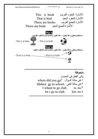 /‫ت‬ ‫ﺧﻠﯿﻞ‬ ‫اﺑﺮاھﯿﻢ‬ ‫ﻣﺤﻤﺪ‬ ‫أ/اﺑﺮاھﯿﻢ‬٠١٢٢١٩٩٥٦٣٠face/ibrheemmohamedibrheem
٥
‫اﻟﻘﺮﯾﺐ‬ ‫ﻟﻠﻤﻔﺮد‬ ‫اﻷﺷﺎرة‬bookThis is
‫اﻟﺒﻌﯿ‬ ‫ﻟﻠﻤﻔﺮد‬ ‫اﻷﺷﺎرة‬‫ﺪ‬That is bird
‫اﻟﻘﺮﯾﺐ‬ ‫ﻟﻠﺠﻤﻊ‬ ‫اﻷﺷﺎرة‬These are books
‫اﻟﺒﻌﯿﺪ‬ ‫ﻟﻠﺠﻤﻊ‬ ‫اﻷﺷﺎرة‬birdsThose are
This is
-‫ﯾﻜﻮن‬ ‫ھﺬا‬ ) ‫ﺑﻤﻌﻨﻰ‬ ‫ﺗﺴﺘﺨﺪم‬–.‫اﻟﻘﺮﯾﺐ‬ ‫ﻟﻠﻤﻔﺮد‬ ‫إﺷﺎرة‬ ‫ﻛﺈﺳﻢ‬ ( ‫ﺗﻜﻮن‬ ‫ھﺬه‬
- This is a tree. - This is a ball.
isatTh
-) ‫ﺑﻤﻌﻨﻰ‬ ‫ﺗﺴﺘﺨﺪم‬‫ﯾﻜﻮن‬ ‫ھﺬا‬–‫ﺗﻜﻮن‬ ‫ھﺬه‬‫اﻟ‬ ‫ﻟﻠﻤﻔﺮد‬ ‫إﺷﺎرة‬ ‫ﻛﺈﺳﻢ‬ (‫ﺒﻌﯿﺪ‬.
- That is a tree. - That is a ball.
‫ــــــــــــــــــــــــــــــــــــــــــــــــــــــــــــــــــــــــــــــــــــــ‬
‫ﻣﻠﺤﻮظﺔ‬
‫اﻟﻤﺼﺪر‬ ‫ﻓﻰ‬ ‫اﻟﻔﻌﻞ‬ ‫ﯾﺄﺗﻰ‬
١-‫اﻟﺴﺆال‬ ‫ﺣﺎﻟﺔ‬ ‫ﻓﻰ‬?gowhere did you
٢-‫ﺣ‬ ‫ﻓﻰ‬‫اﻟﻨﻔﻰ‬ ‫ﺎﻟﺔ‬to school.goIdidnot
٣-‫ﺑﻌﺪ‬toI whant to go club.
٤-‫ﺑﻌﺪ‬letslet s go to club.
‫ـــــــــــــــــــــــــــــــــــــــــــــــــــــــــــــــــــــــــــــــ‬
 