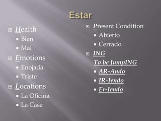    Present Condition
   Health
                        Abierto
     Bien
                        Cerrado
     Mal
                      ING
   Emotions
                       To be JumpING
     Enojada
                        AR-Ando
     Triste
                        IR-Iendo
   Locations           Er-Iendo
     La Oficina
     La Casa
 